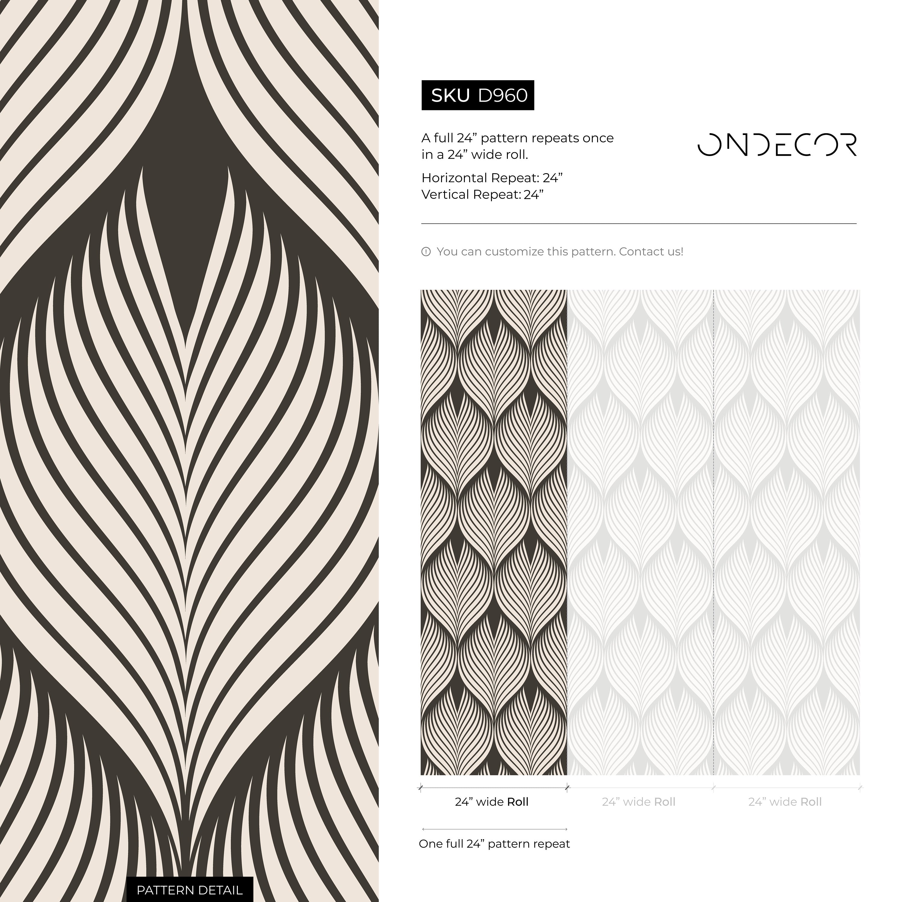 Art Deco Wallpaper With A Stylized Linear Leaf Motif In Brown And Beige - D960