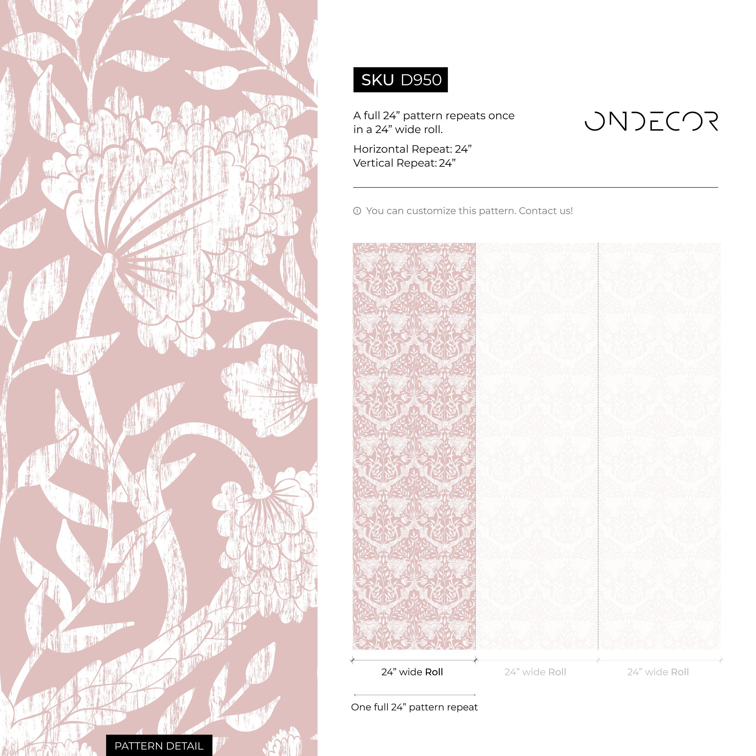Damask Wallpaper With An Elegant Floral Motif In Pink And White - D950