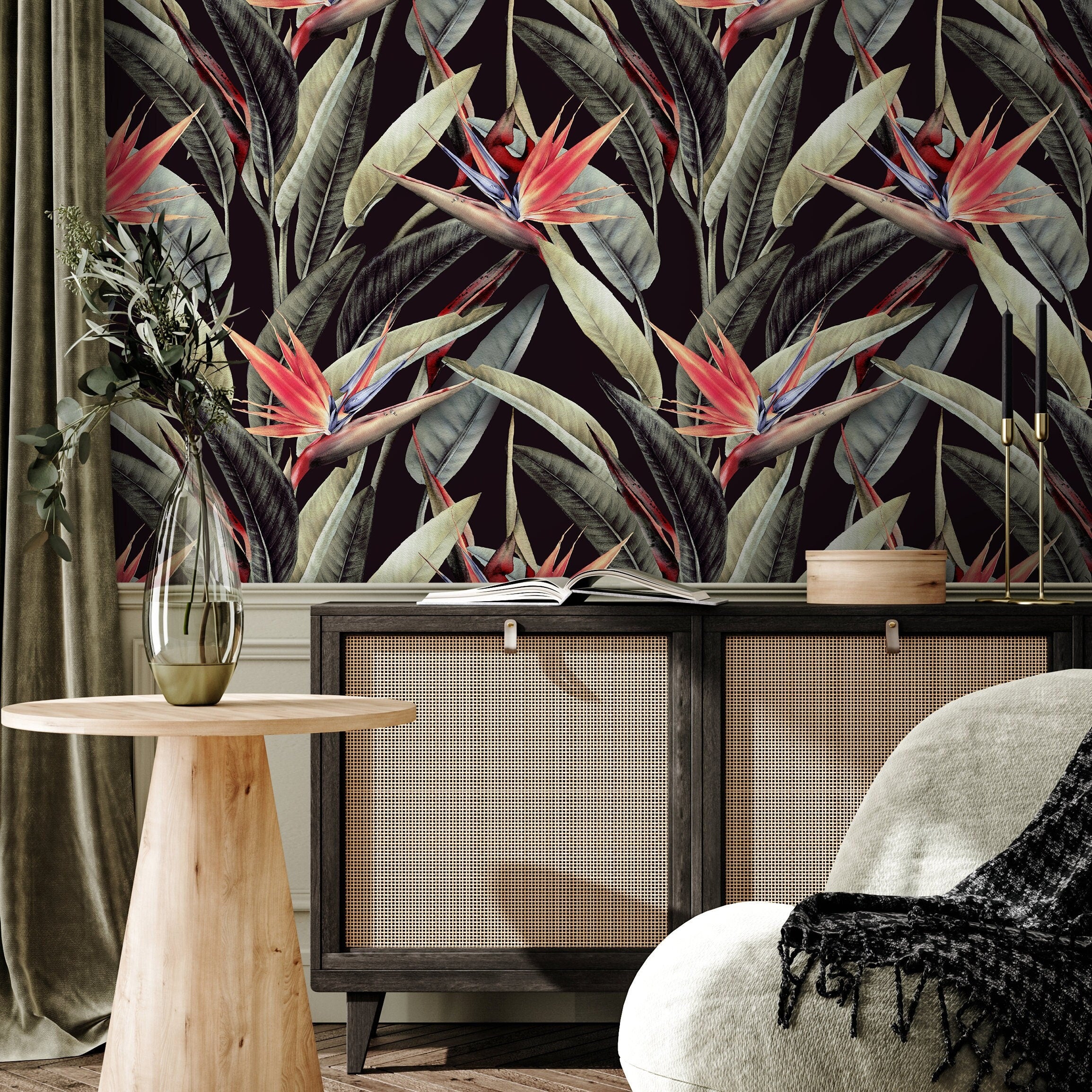 Tropical Wallpaper With A Bird Of Paradise Motif In Black, Green, And Red - D951