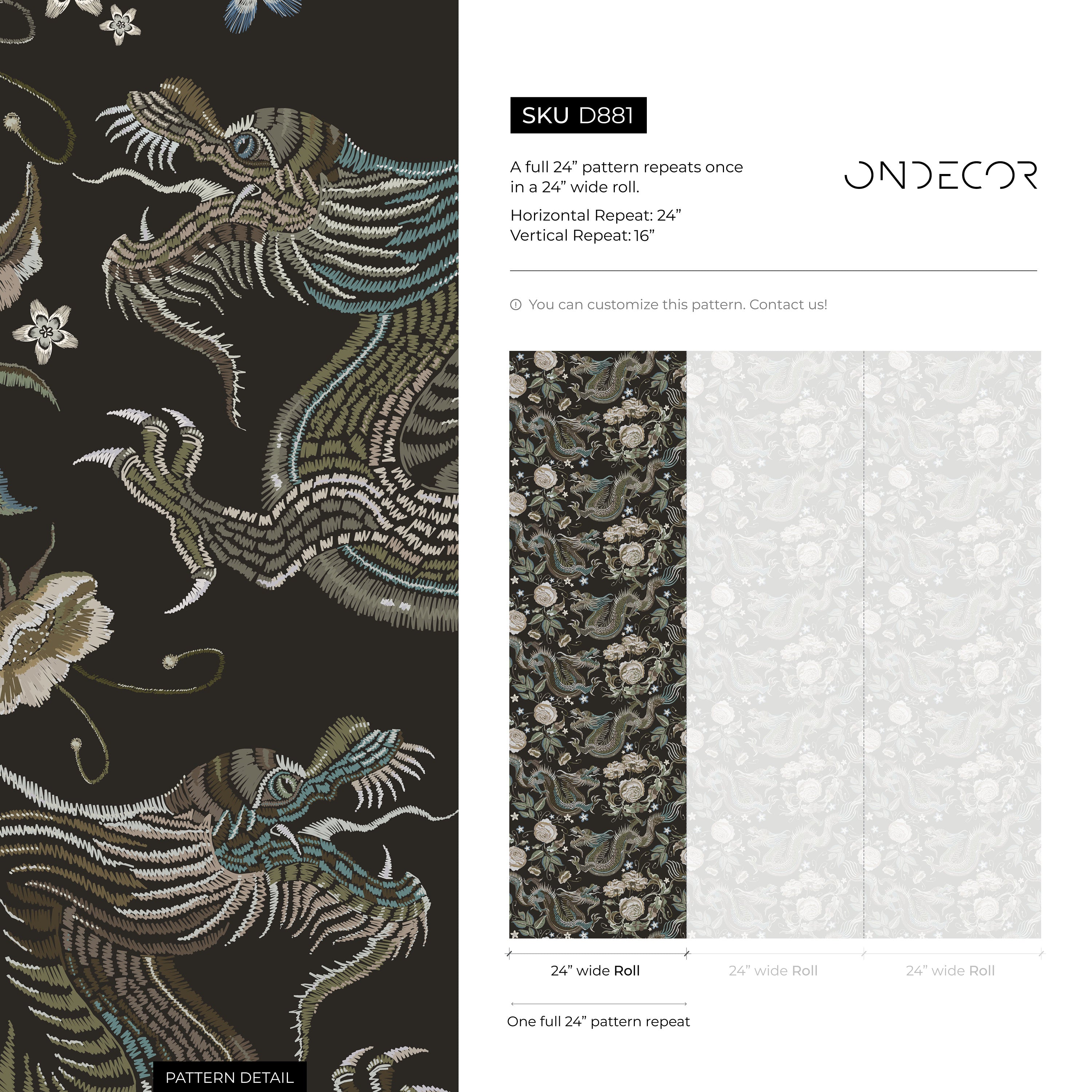 Chinoiserie Wallpaper With Embroidered Dragons And Roses In Green, Beige, And Blue - D881