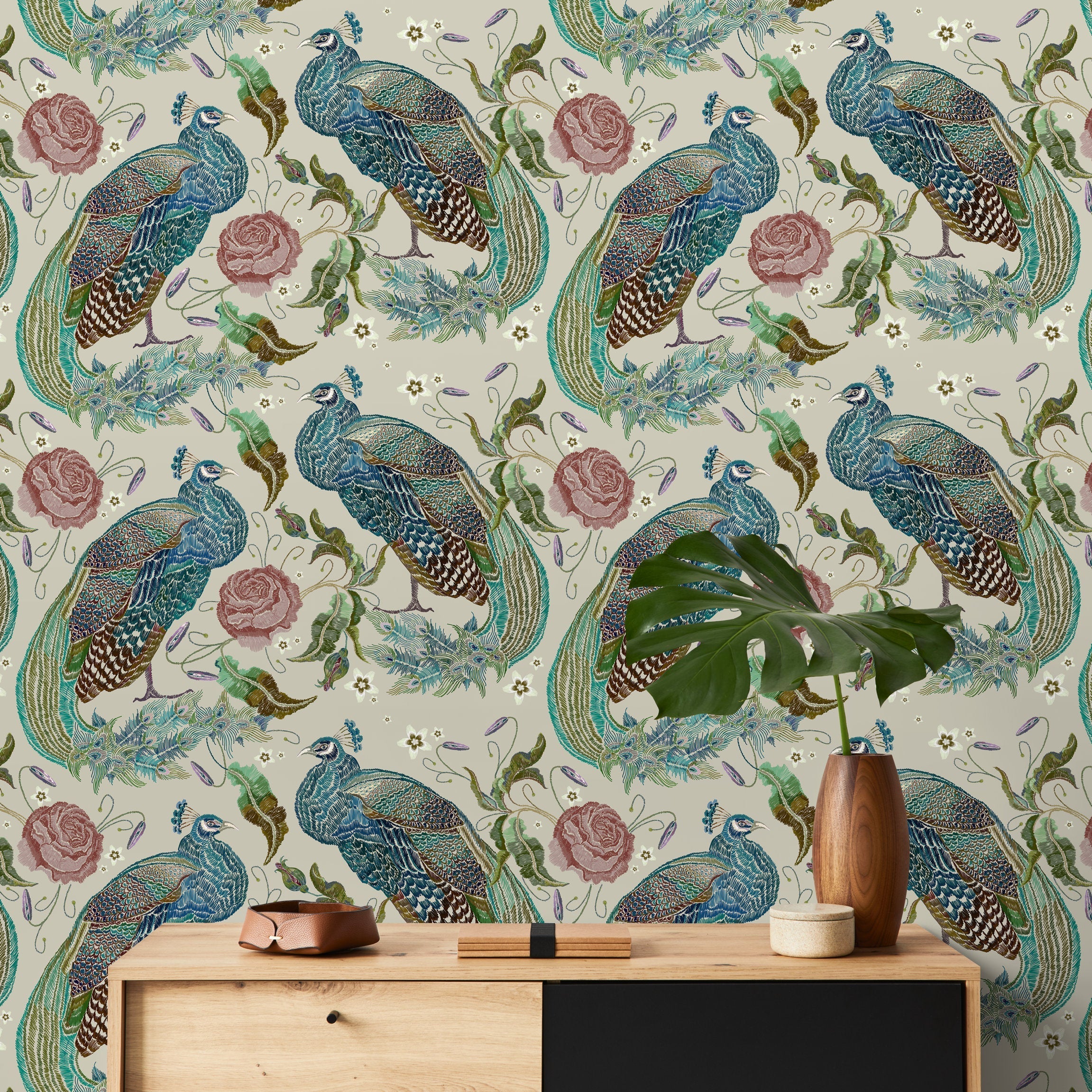 Peacock Wallpaper With An Embroidered Floral Motif In Blue, Green, And Pink - D883