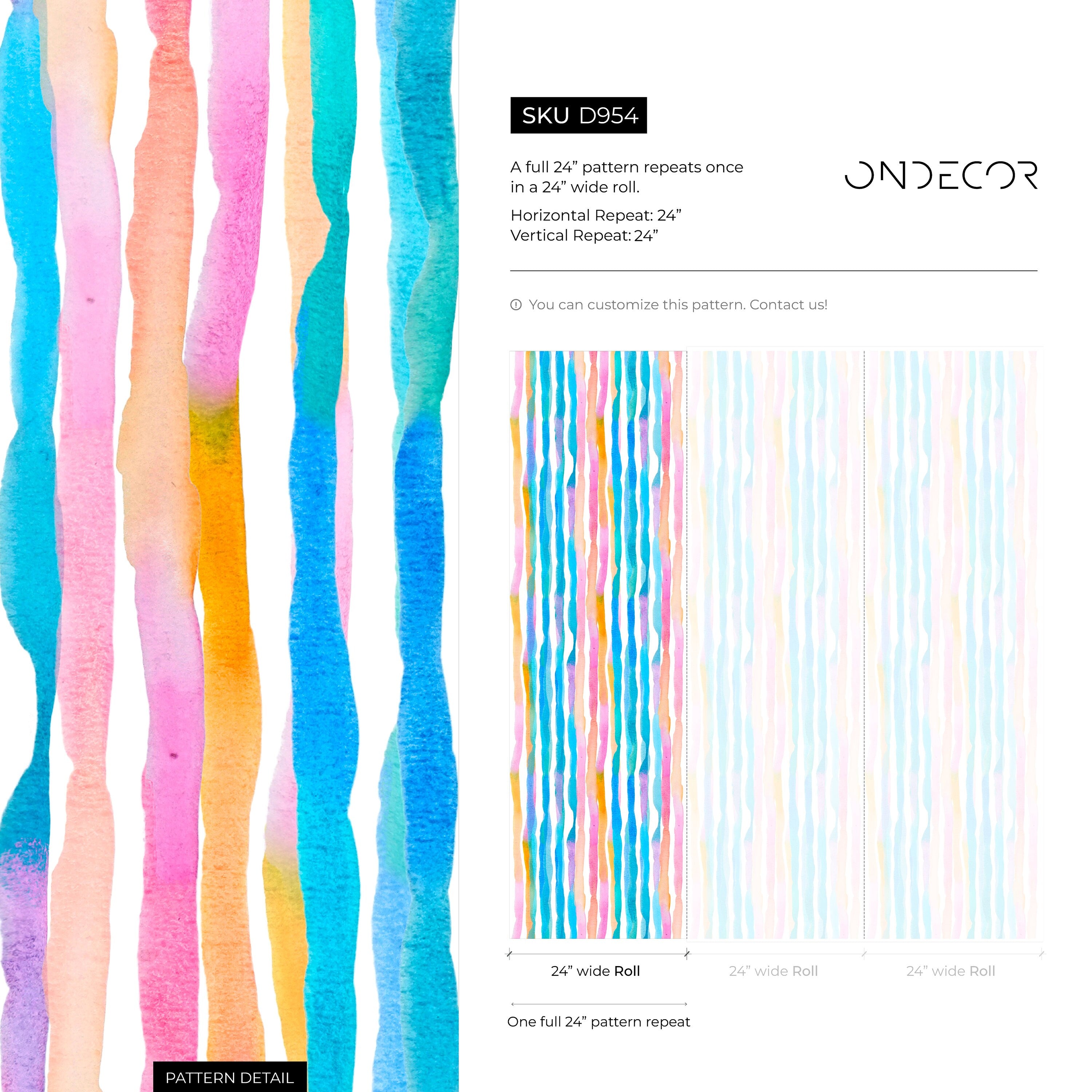 Watercolor Wallpaper With Colorful Vertical Stripes In Blue, Pink, And Orange - D954