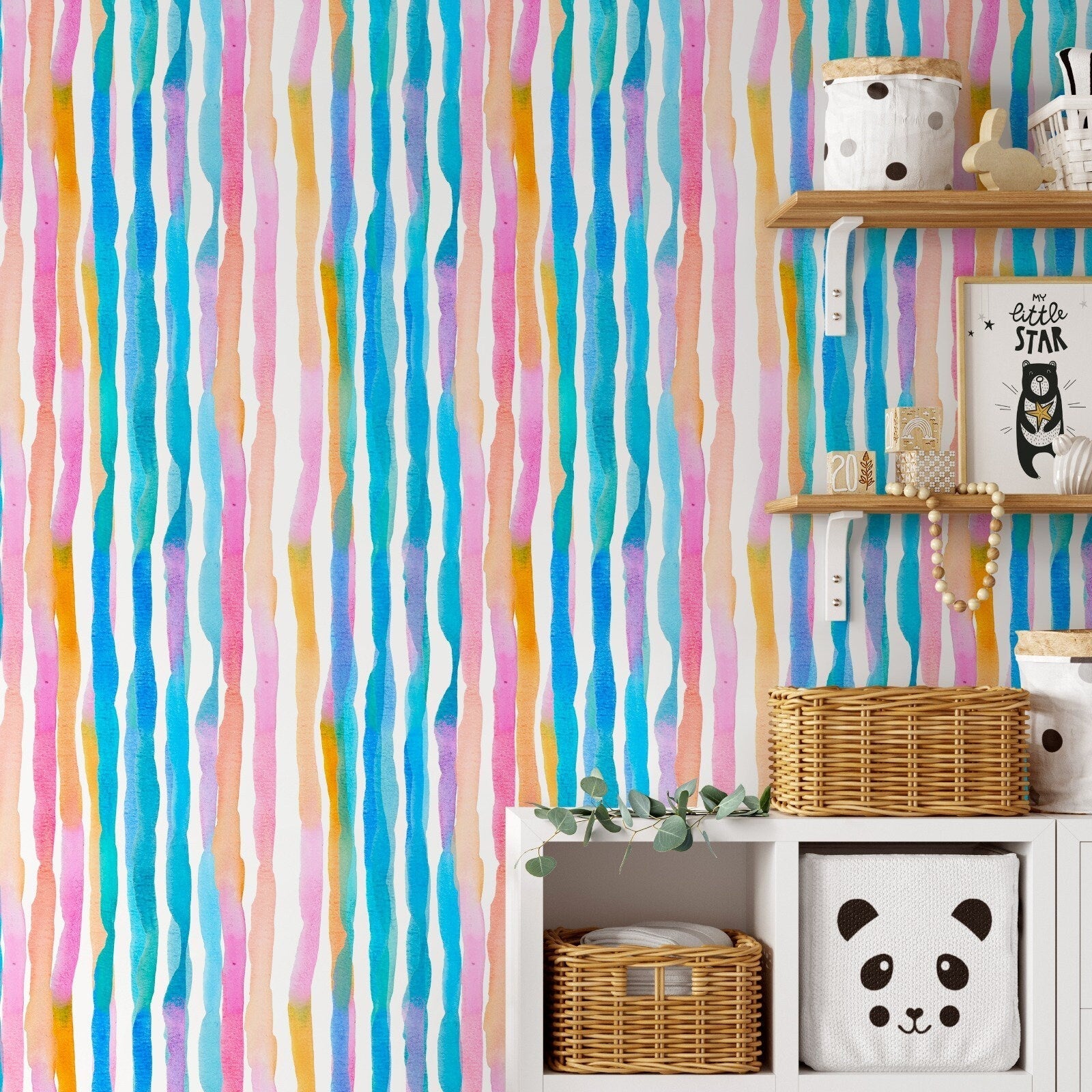 Watercolor Wallpaper With Colorful Vertical Stripes In Blue, Pink, And Orange - D954