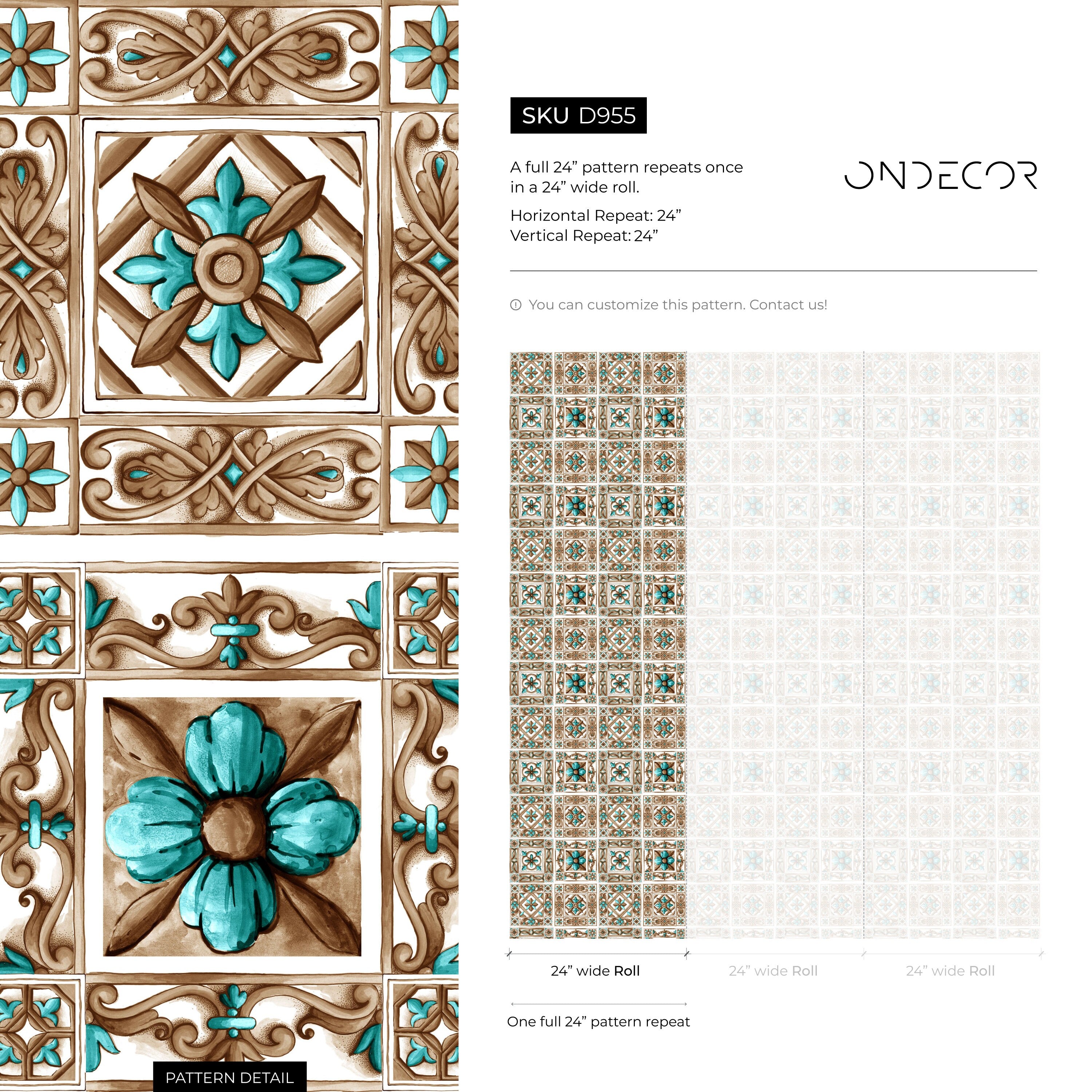 Tile Wallpaper With A Portuguese Azulejos Motif In Teal And Brown - D955