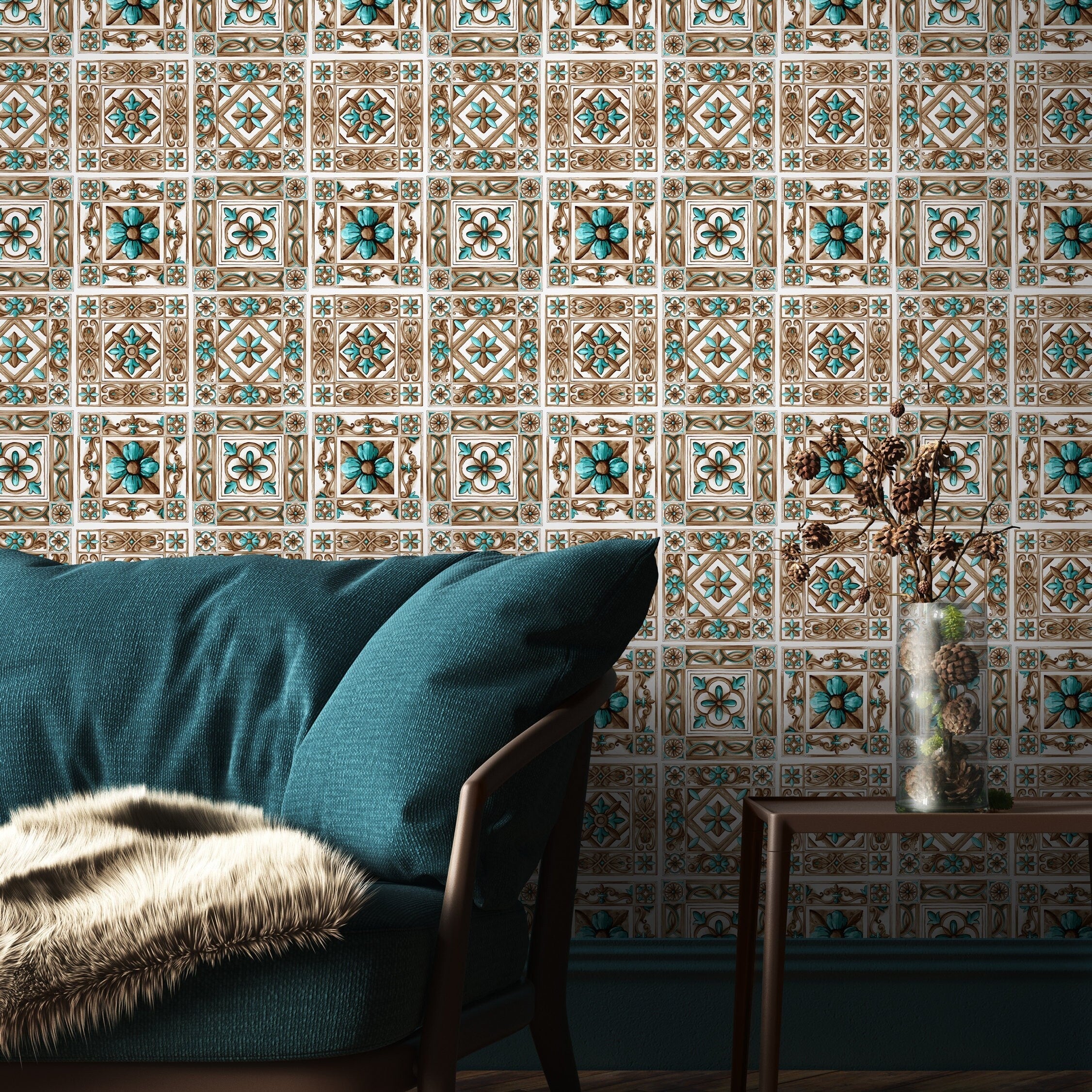 Tile Wallpaper With A Portuguese Azulejos Motif In Teal And Brown - D955