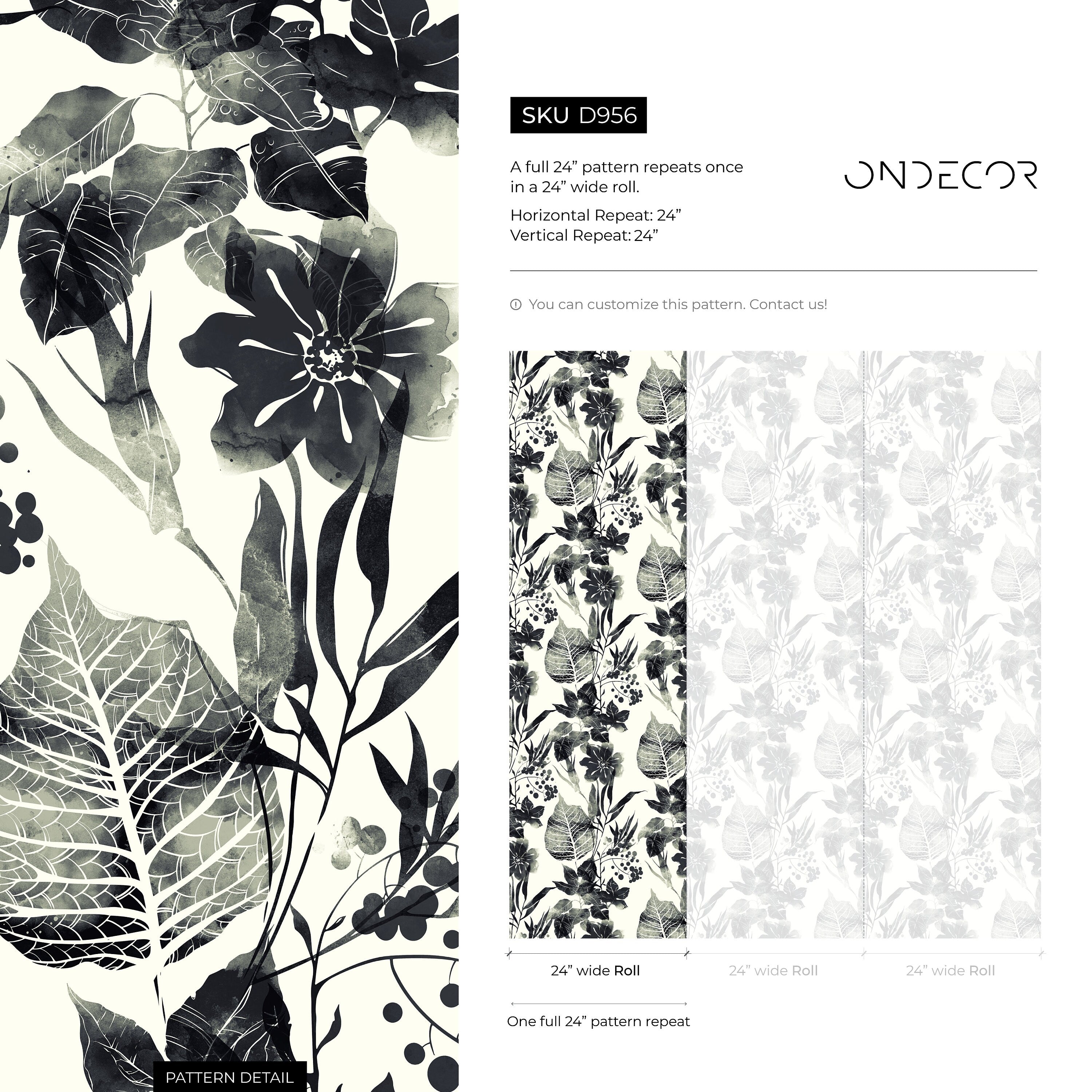 Floral Wallpaper With A Watercolor Motif Of Leaves And Berries In Black And White - D956