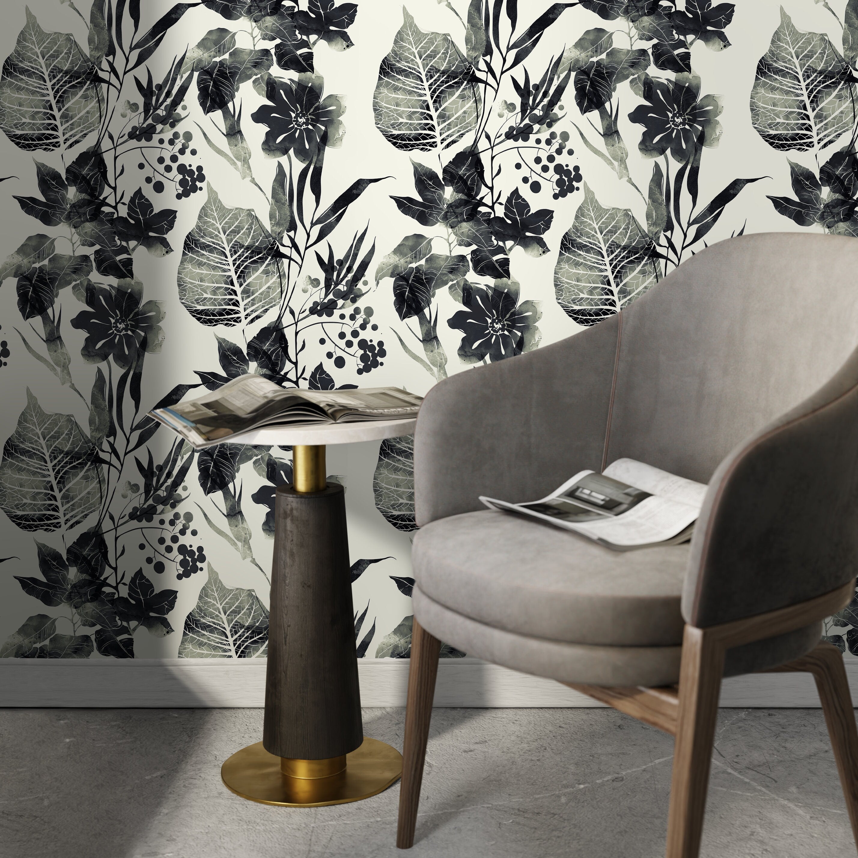 Floral Wallpaper With A Watercolor Motif Of Leaves And Berries In Black And White - D956