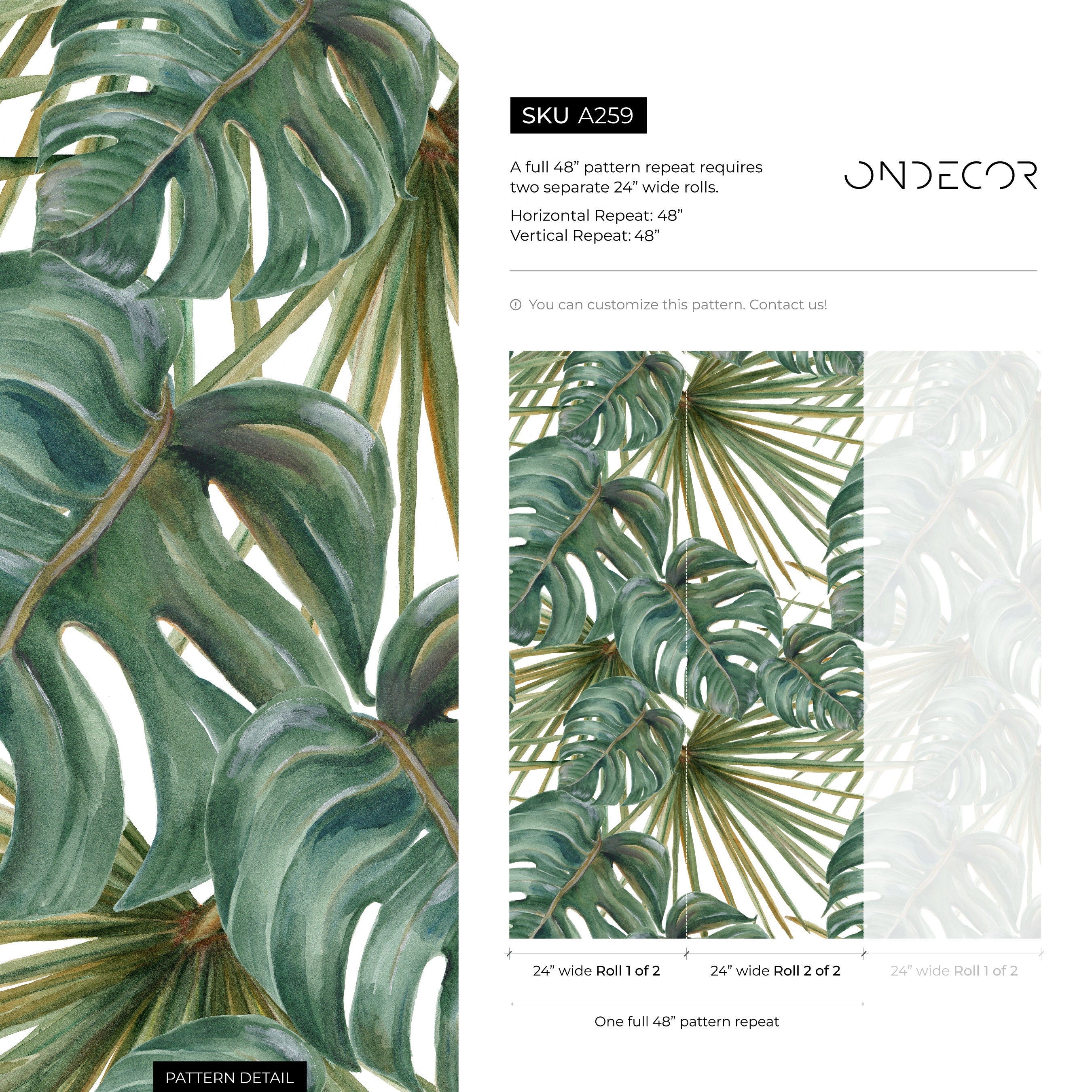 Botanical Wallpaper With Watercolor Monstera And Palm Leaves In Green - A259