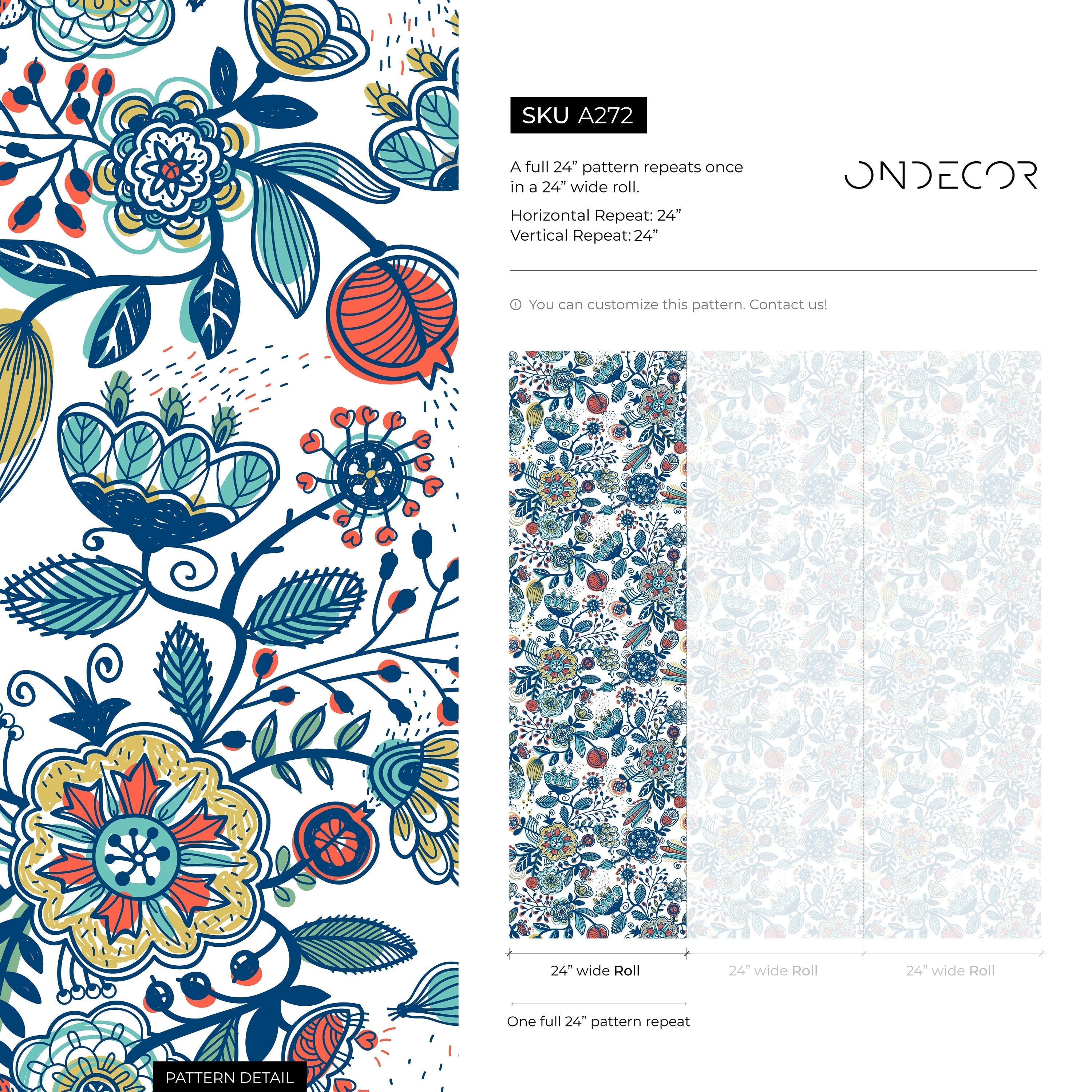 Folk Art Wallpaper With Whimsical Flowers In Blue, Orange, And Yellow - A272