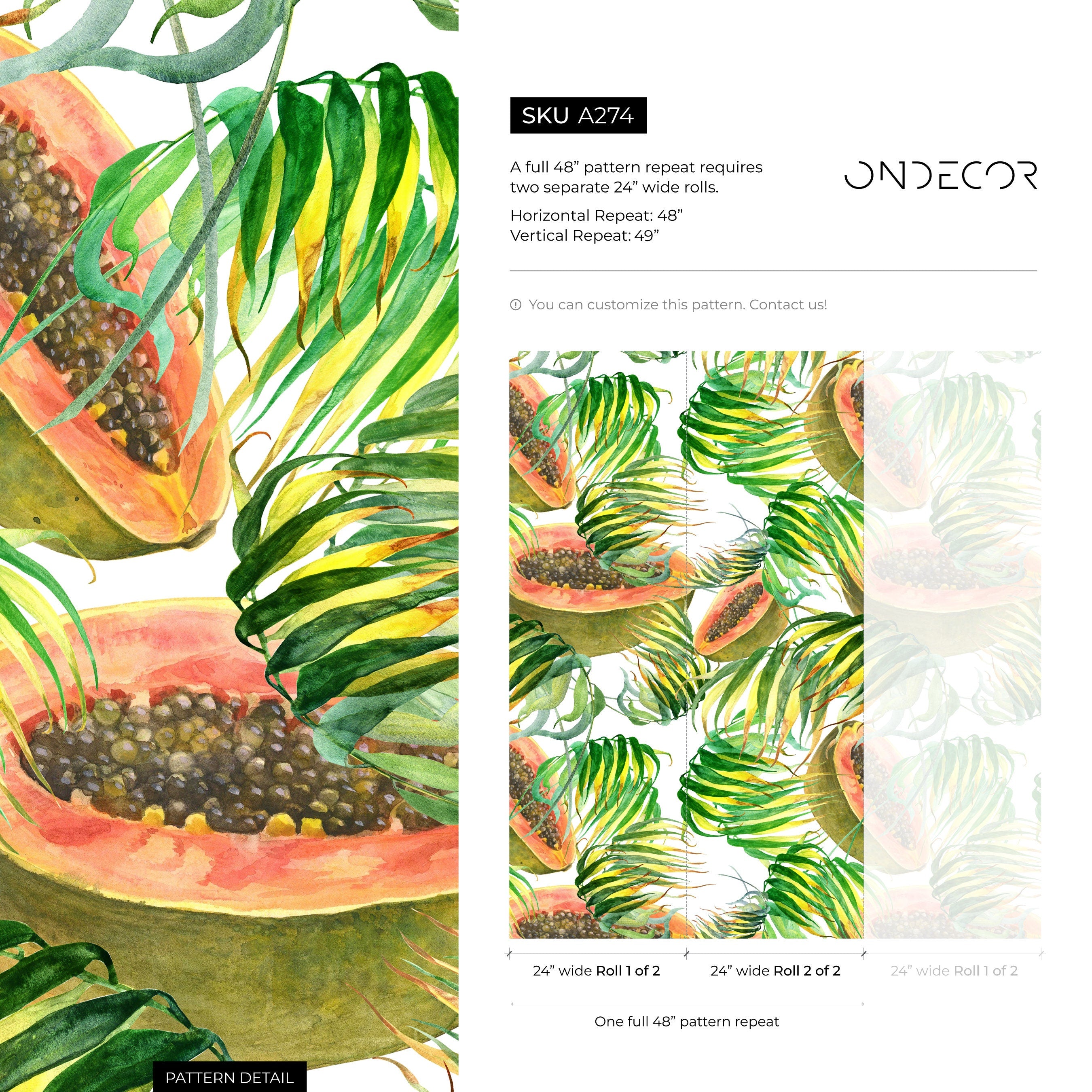 Tropical Wallpaper With A Papaya And Palm Leaf Motif In Green, Orange, And Yellow - A274