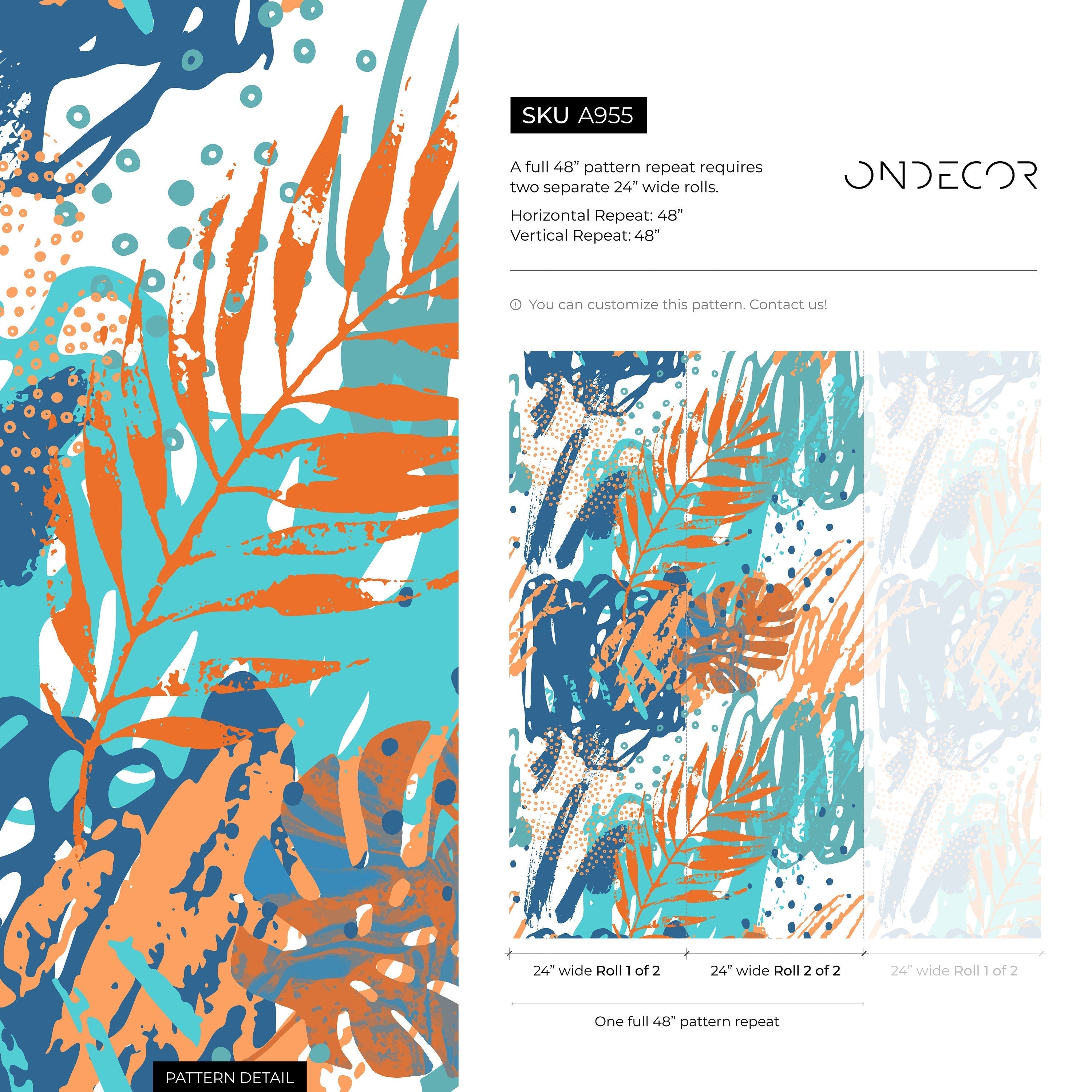 Tropical Wallpaper With Abstract Palm Leaves In Blue, Orange, And Teal - A955
