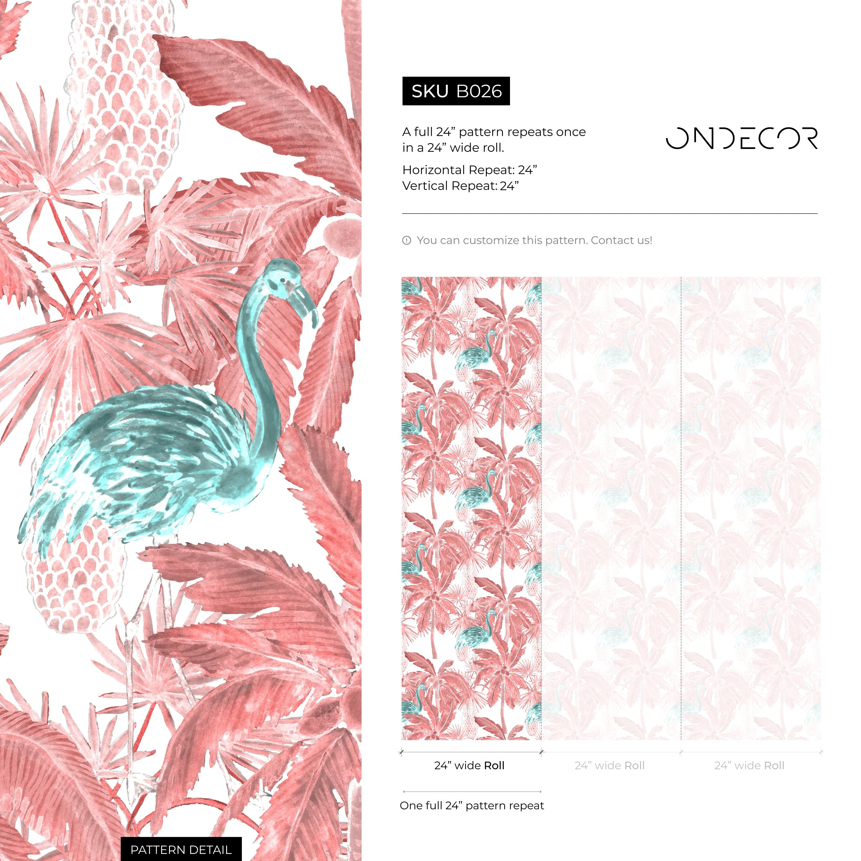 Tropical Wallpaper With Palm Trees And Exotic Birds In Red, Pink, And Teal - B026