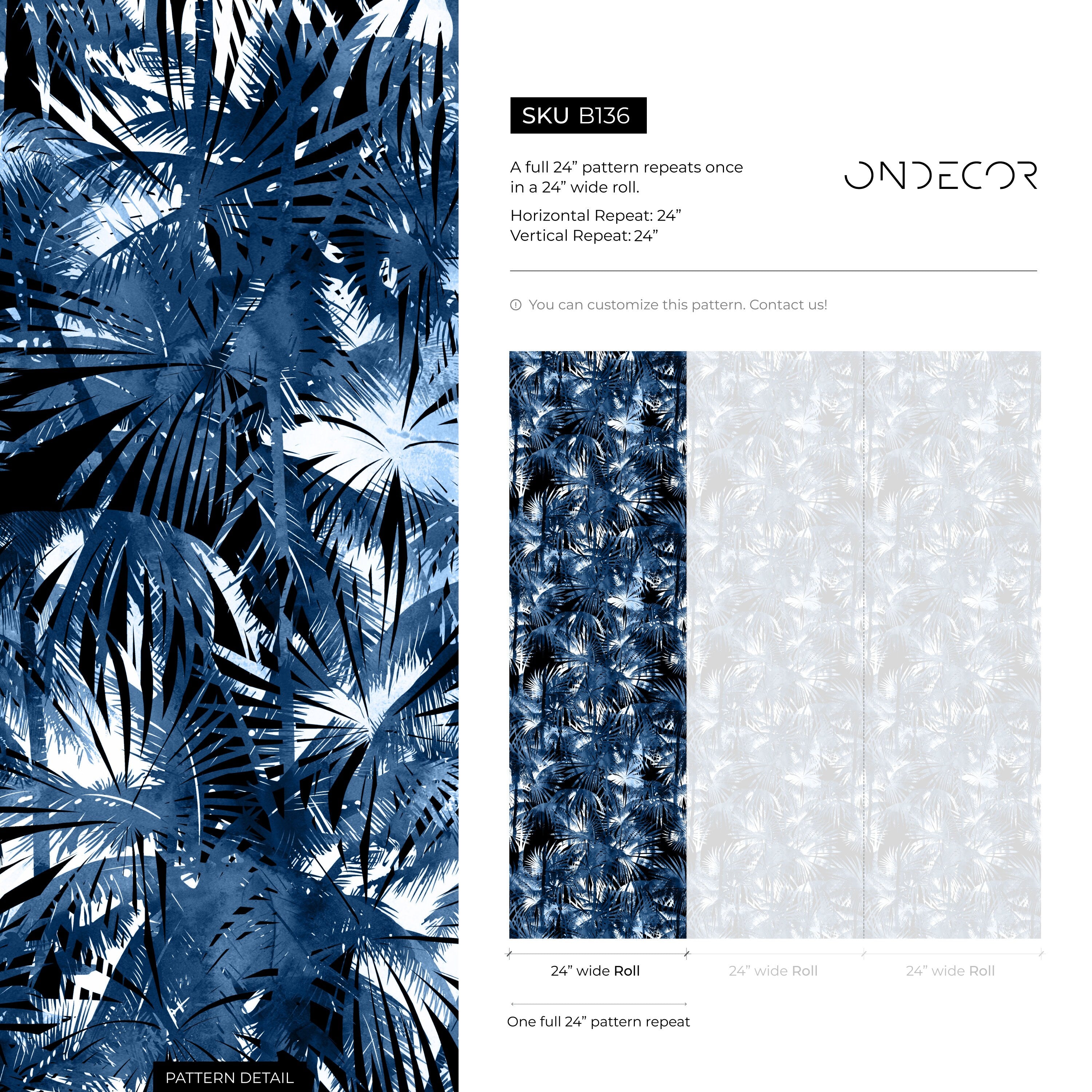 Tropical Wallpaper With Layered Palm Fronds In Navy Blue And Black - B136