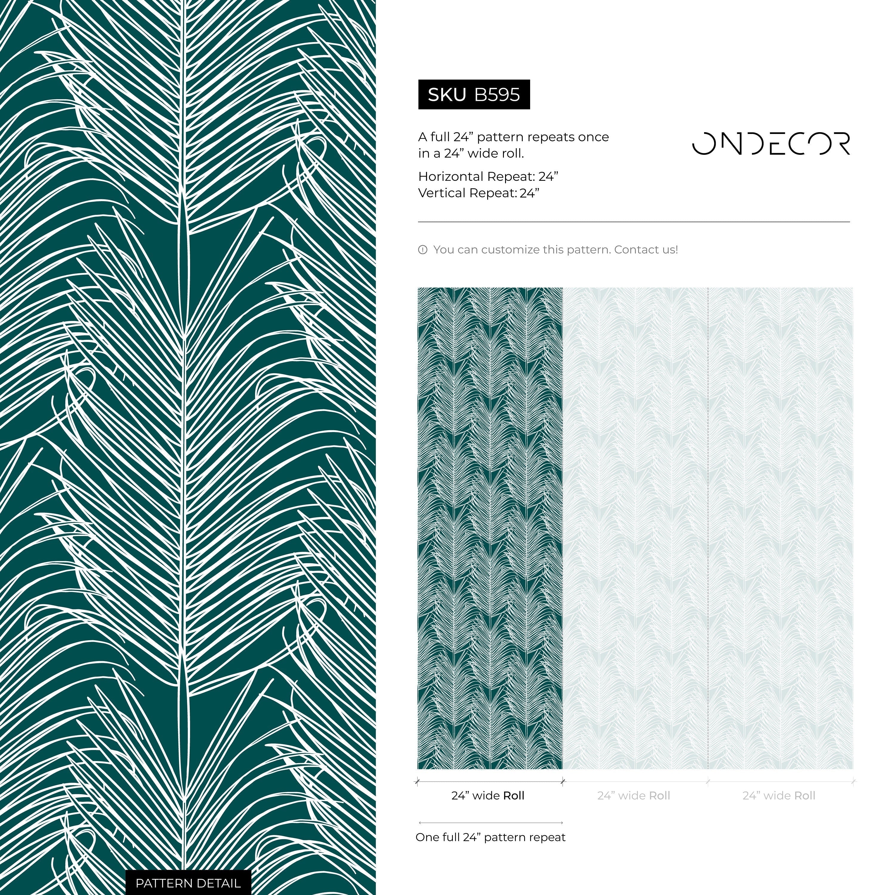 Botanical Wallpaper With Stylized Palm Fronds In Teal And White - B595
