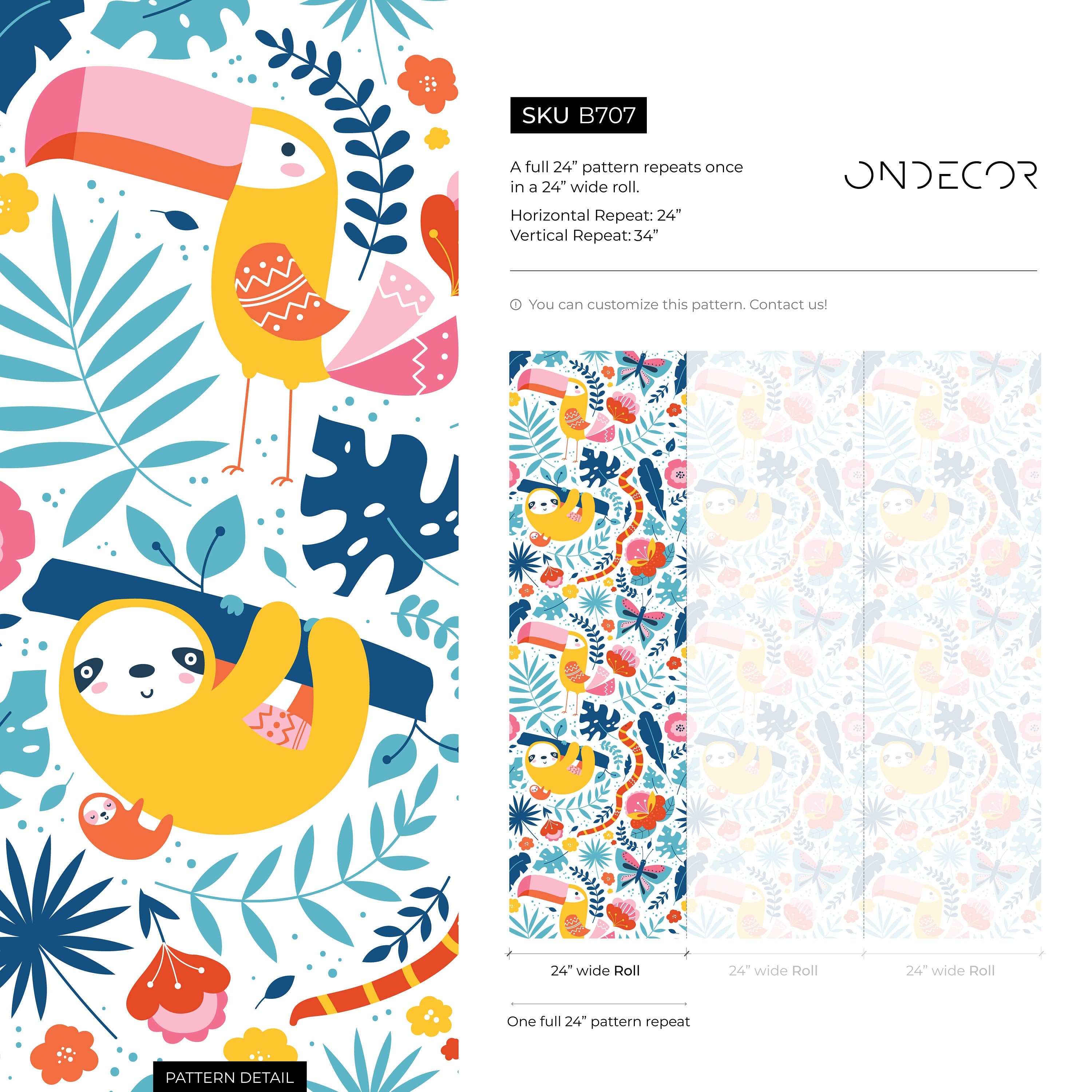 Jungle Wallpaper With Cute Sloths And Tropical Leaves In Yellow, Pink, And Blue - B707
