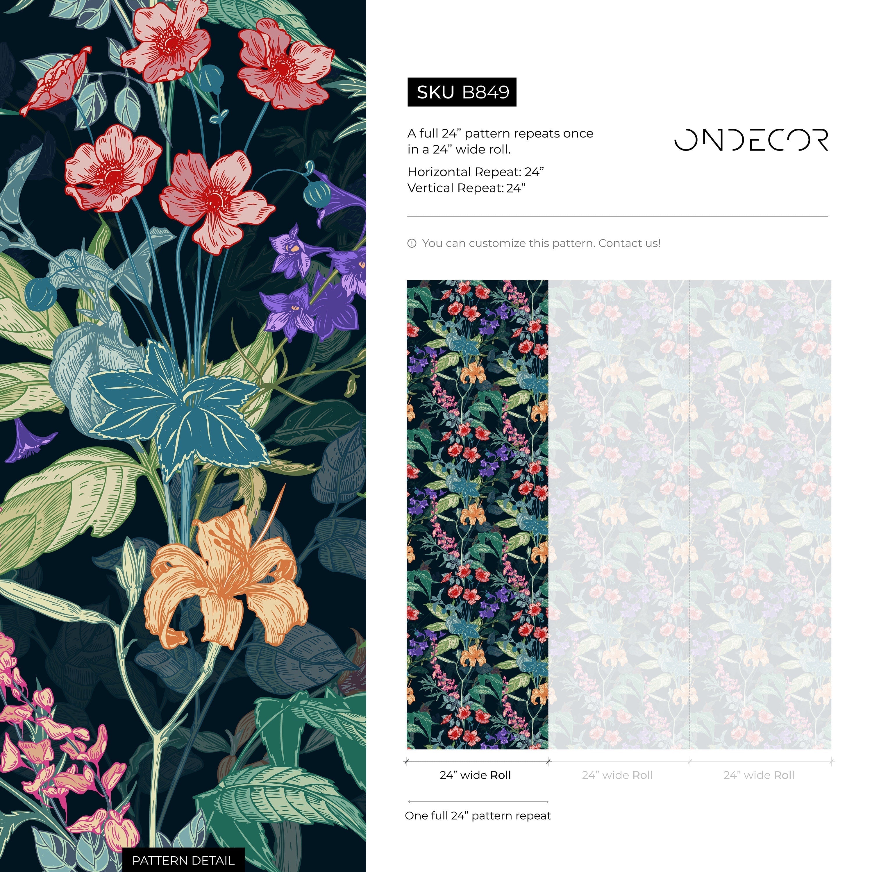 Botanical Wallpaper With A Vintage Floral Motif In Orange, Red, And Purple - B849