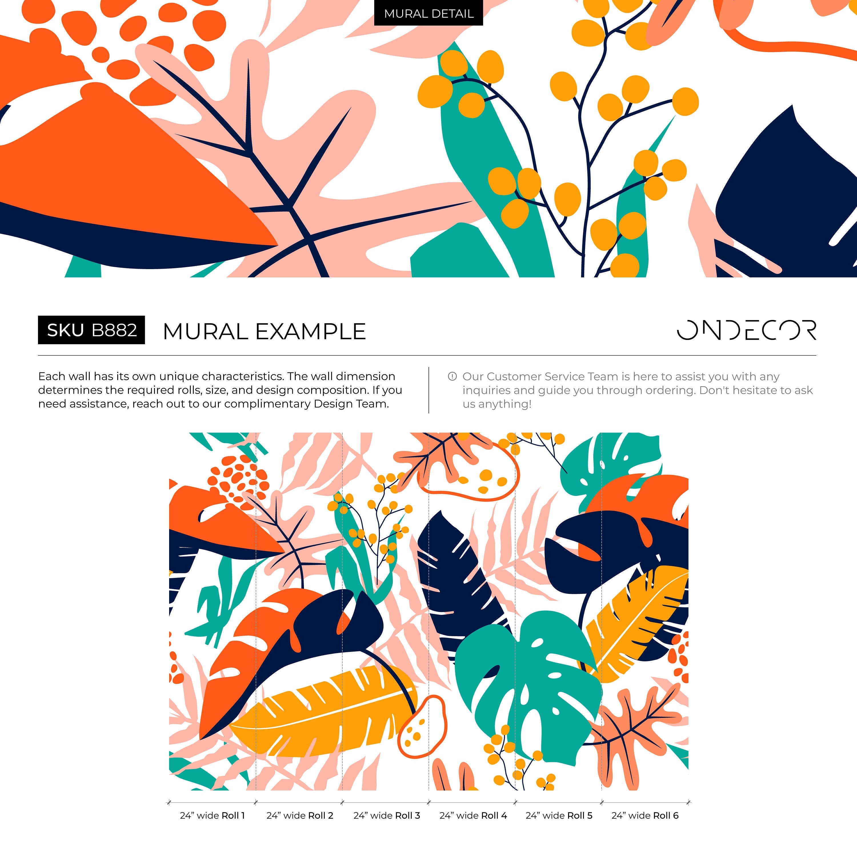 Botanical Wallpaper With Abstract Tropical Leaves In Orange, Blue, And Teal - B882