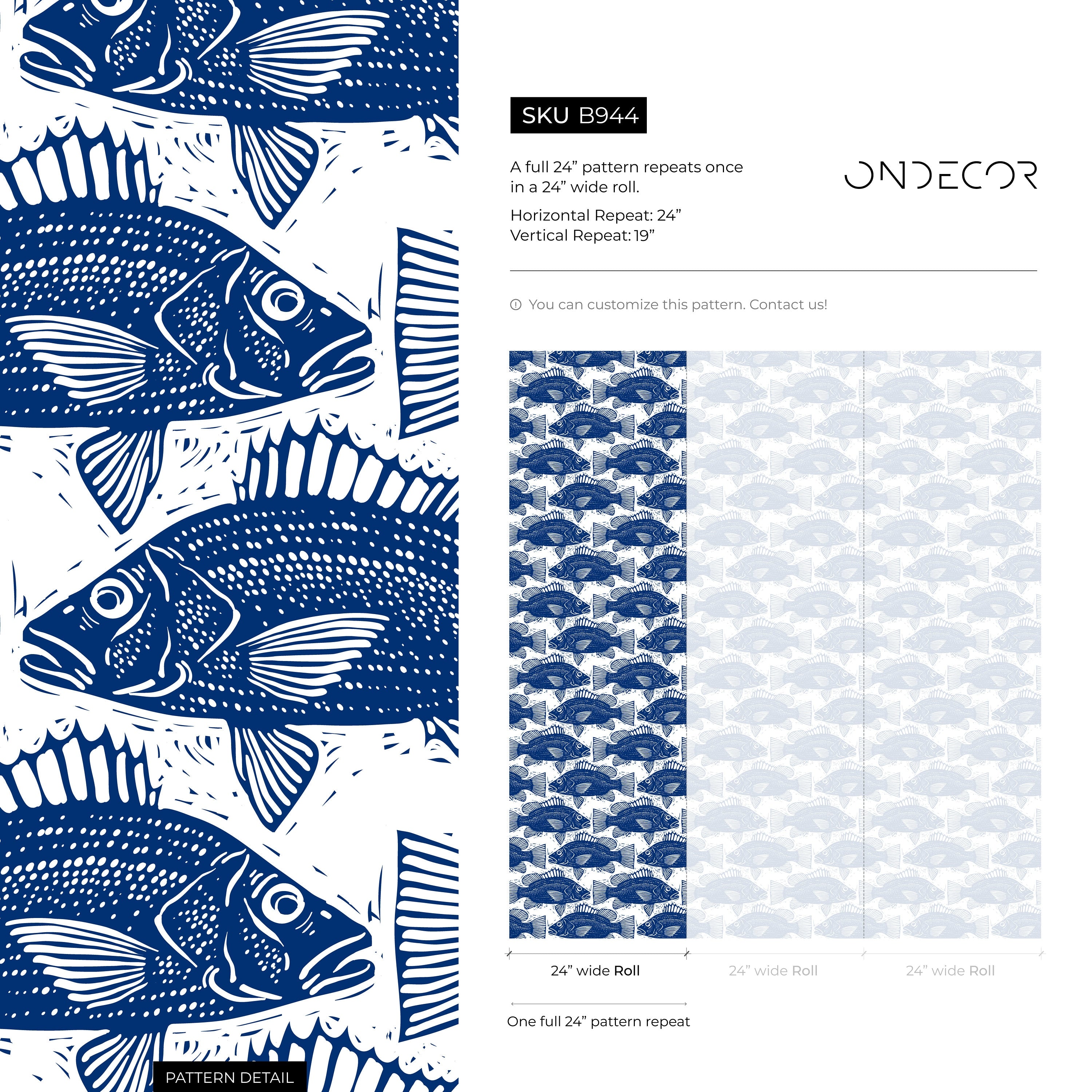 Nautical Wallpaper With A Block Print Fish Motif In Blue - B944