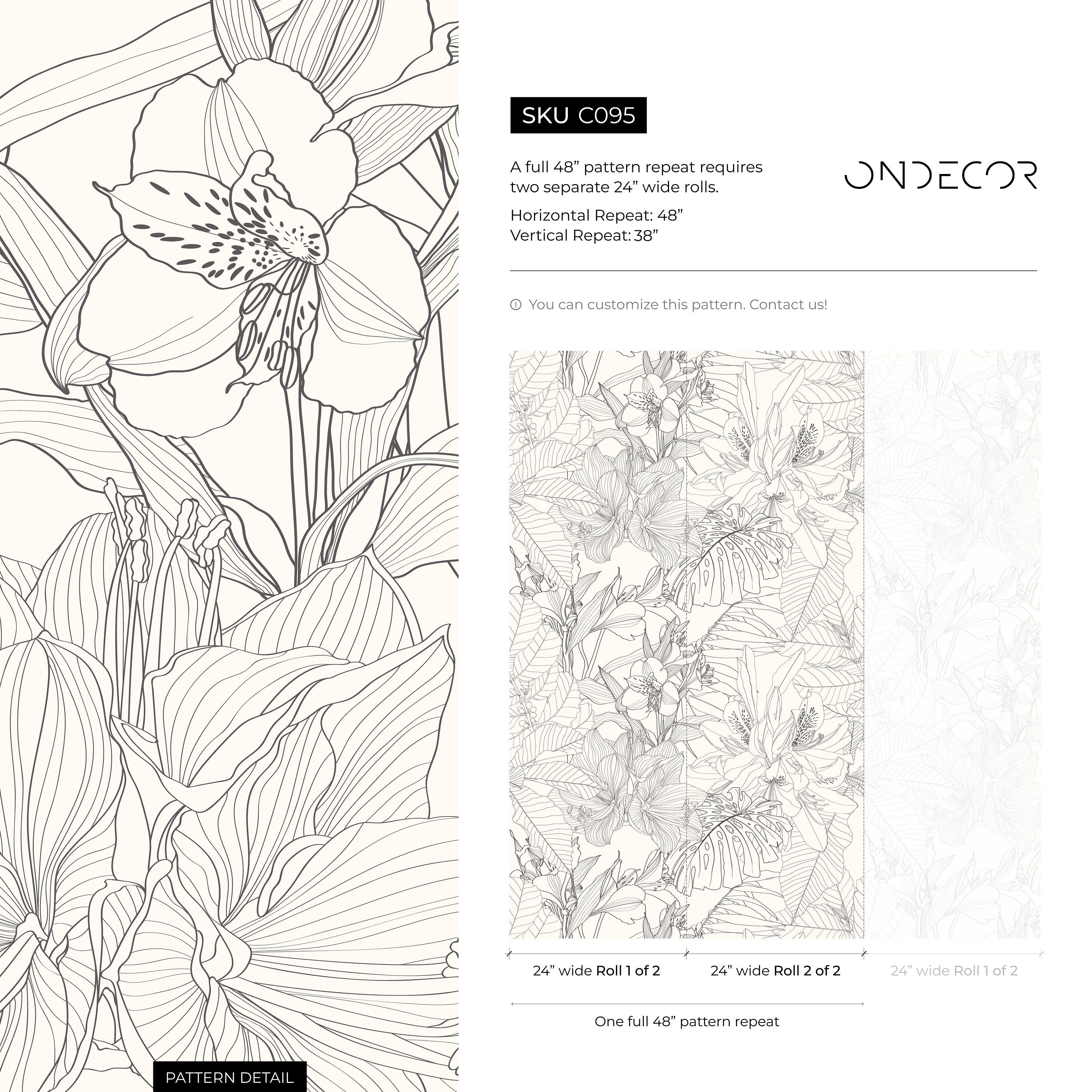 Floral Wallpaper With A Tropical Line Art Motif In Gray And Cream - C095