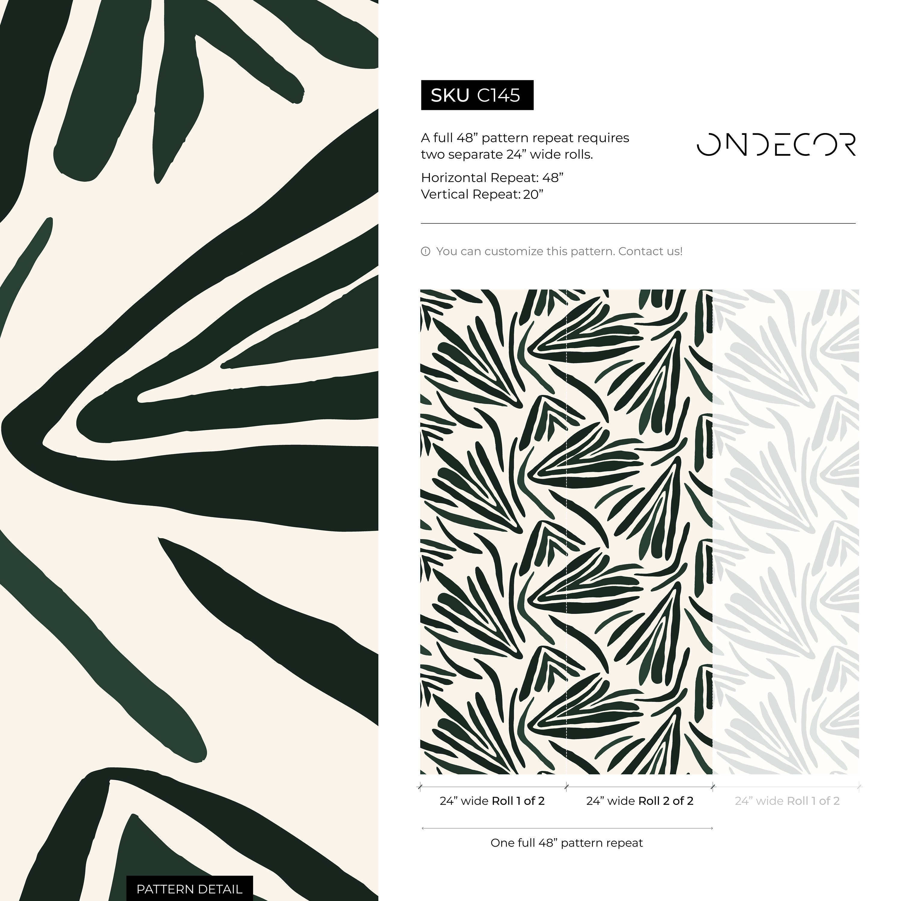 Abstract Wallpaper Featuring Bold Stylized Leaves In Dark Green - C145
