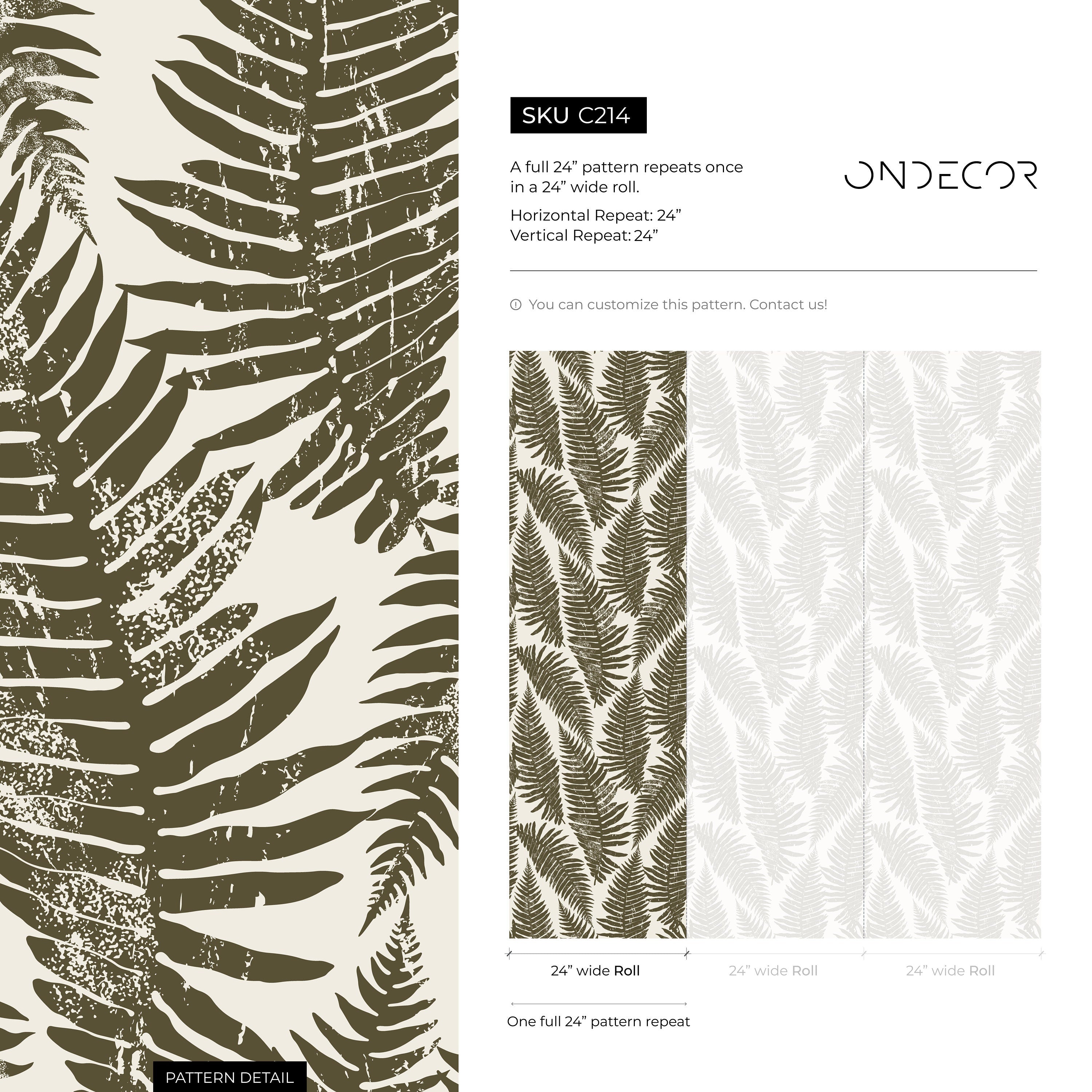 Botanical Wallpaper With A Distressed Fern Motif In Olive Green And Beige - C214