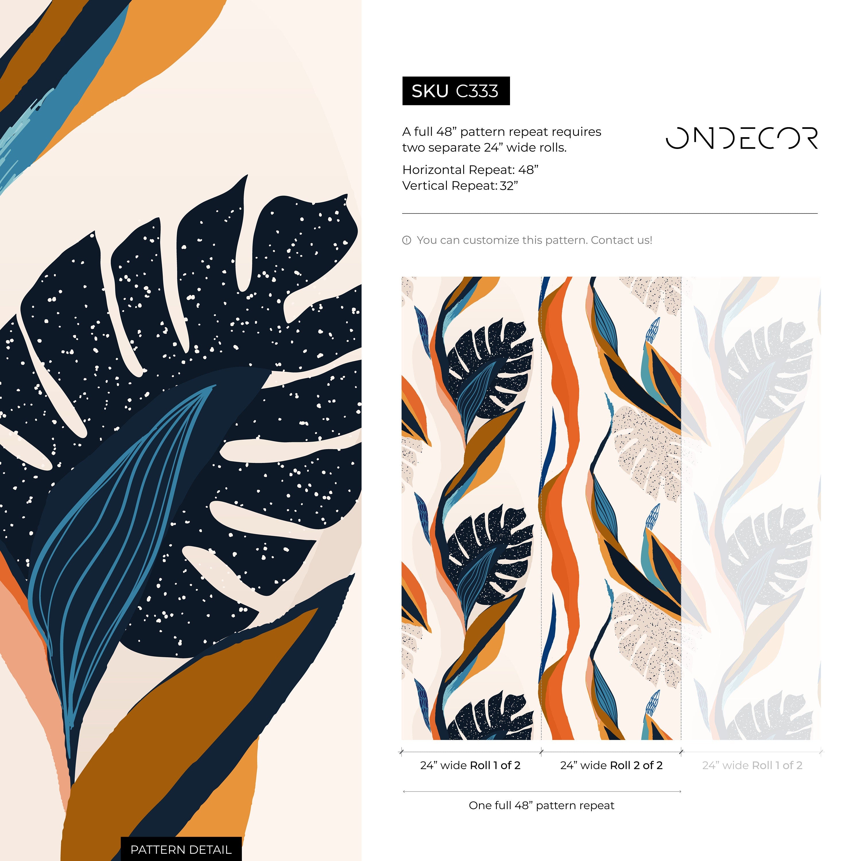 Abstract Wallpaper With A Botanical Motif In Orange, Navy, And Blue - C333