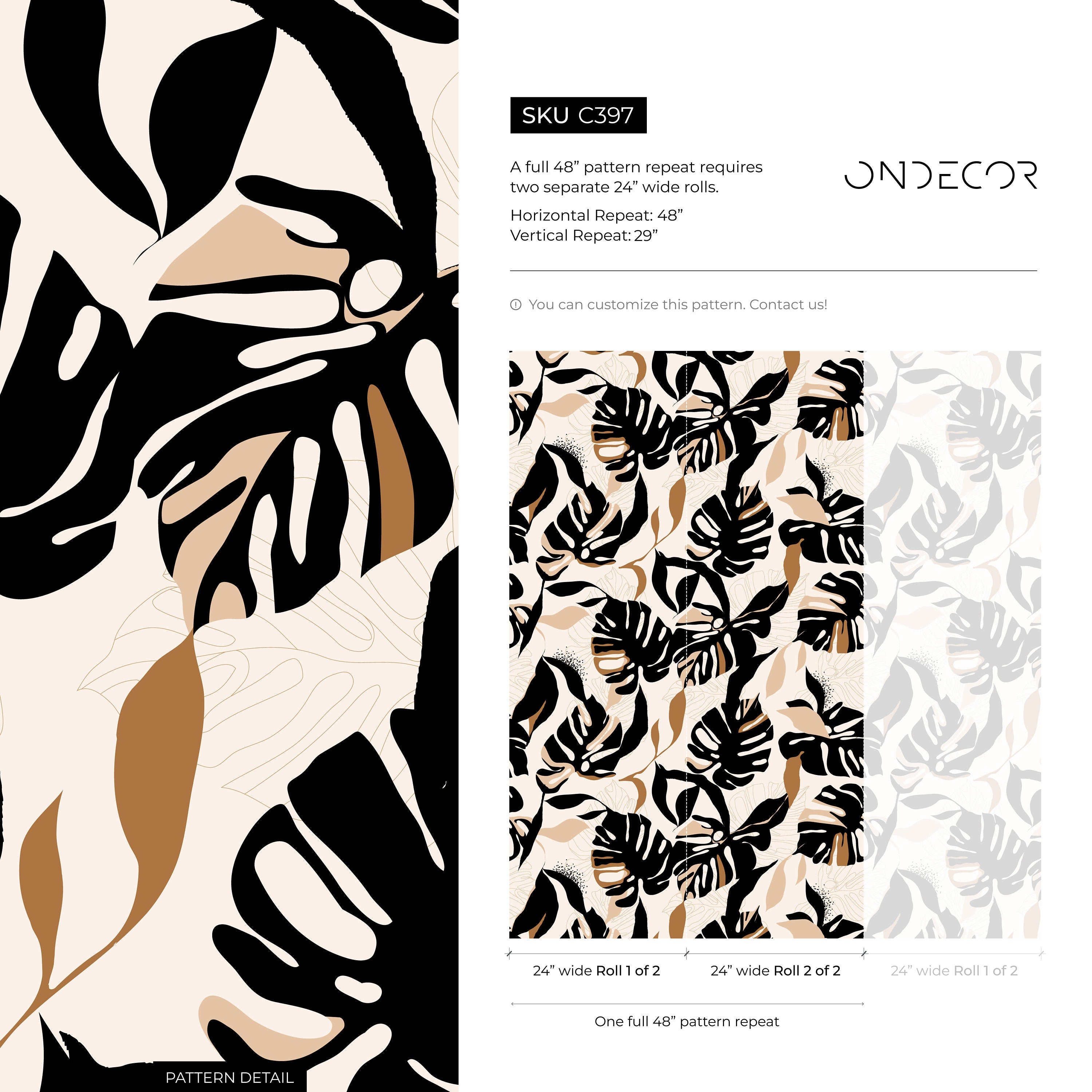 Tropical Wallpaper With Stylized Monstera Leaves In Black, Brown, And Beige - C397