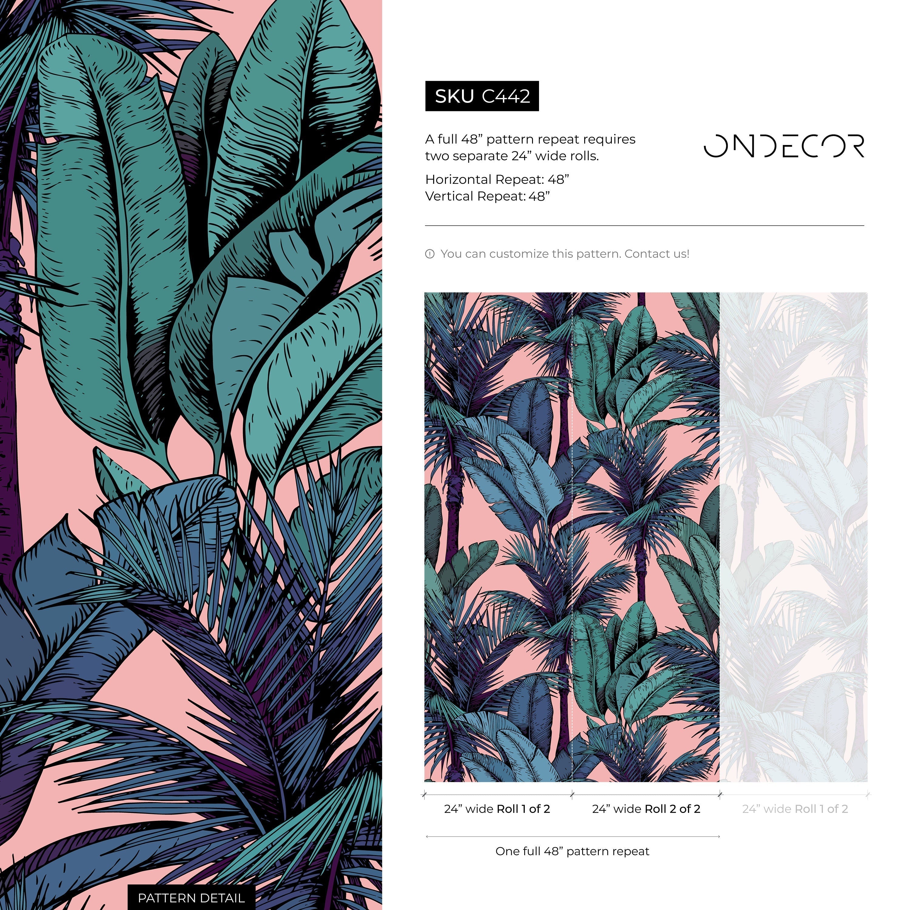 Tropical Wallpaper With Illustrated Palm Trees In Pink, Green, And Blue - C442