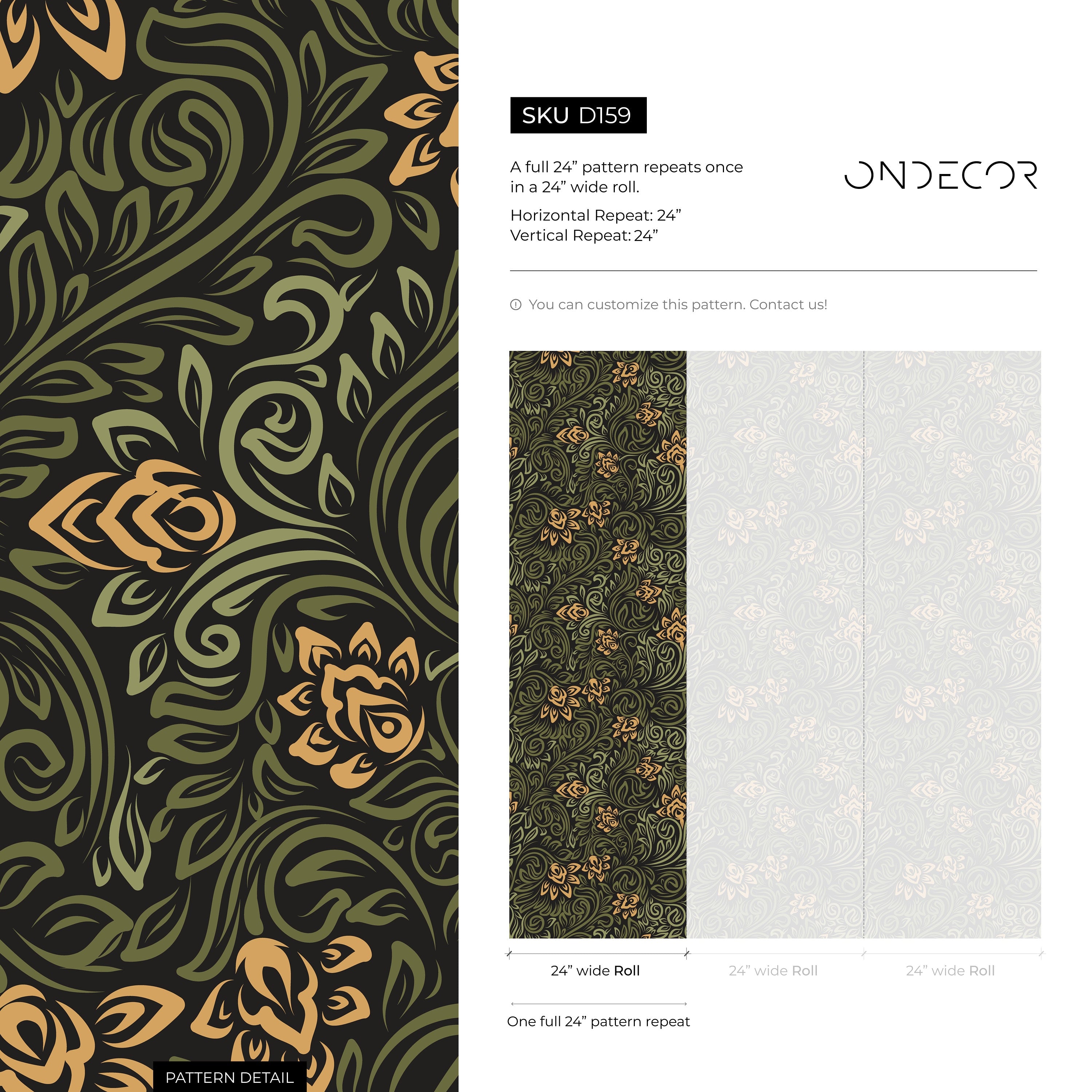 Art Nouveau Wallpaper With Swirling Floral Vines In Green, Gold, And Black - D159