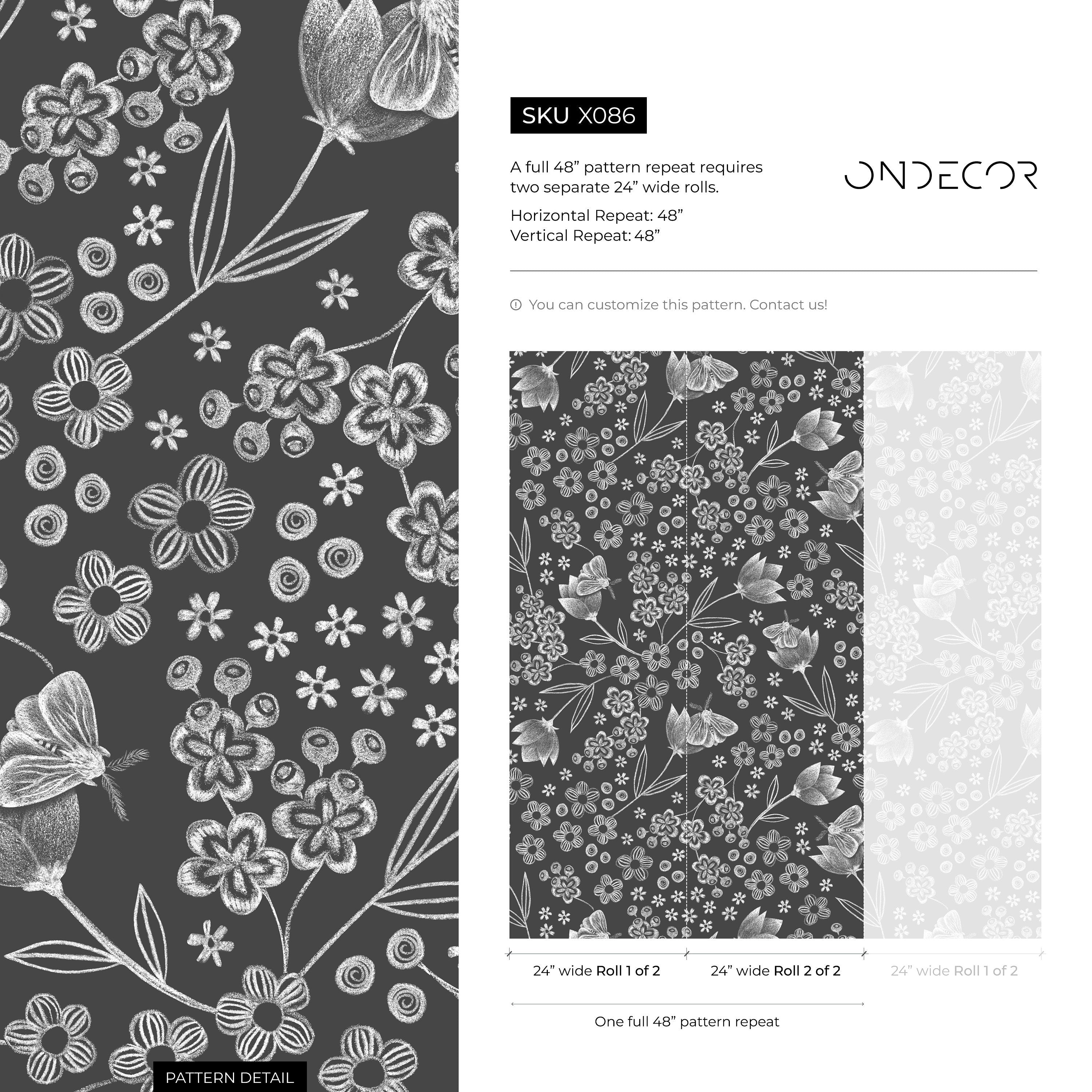 Botanical Wallpaper With Chalk-drawn Florals And Moths In Black And White - X086
