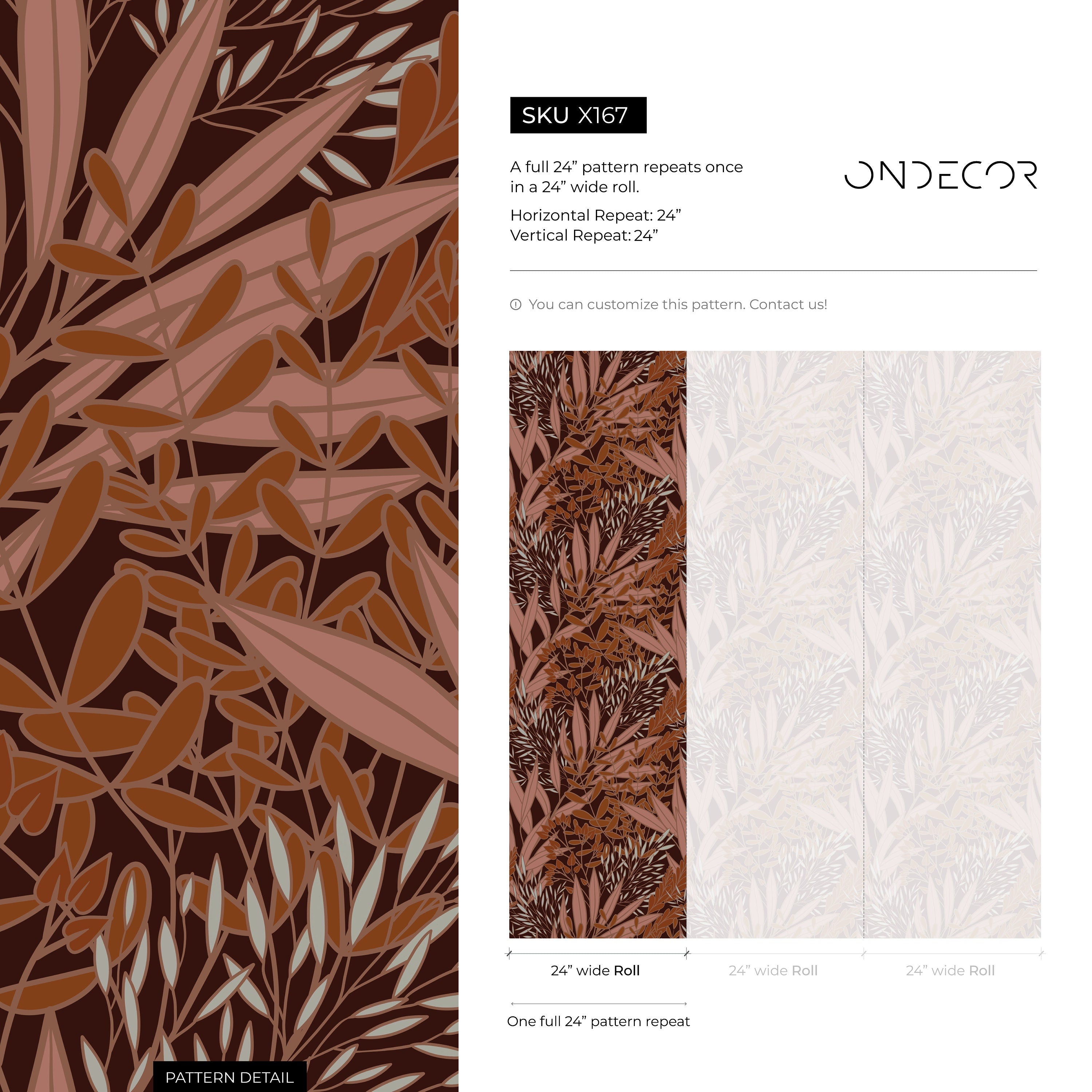 Botanical Wallpaper With Stylized Autumn Leaves In Brown, Pink, And Terracotta - X167