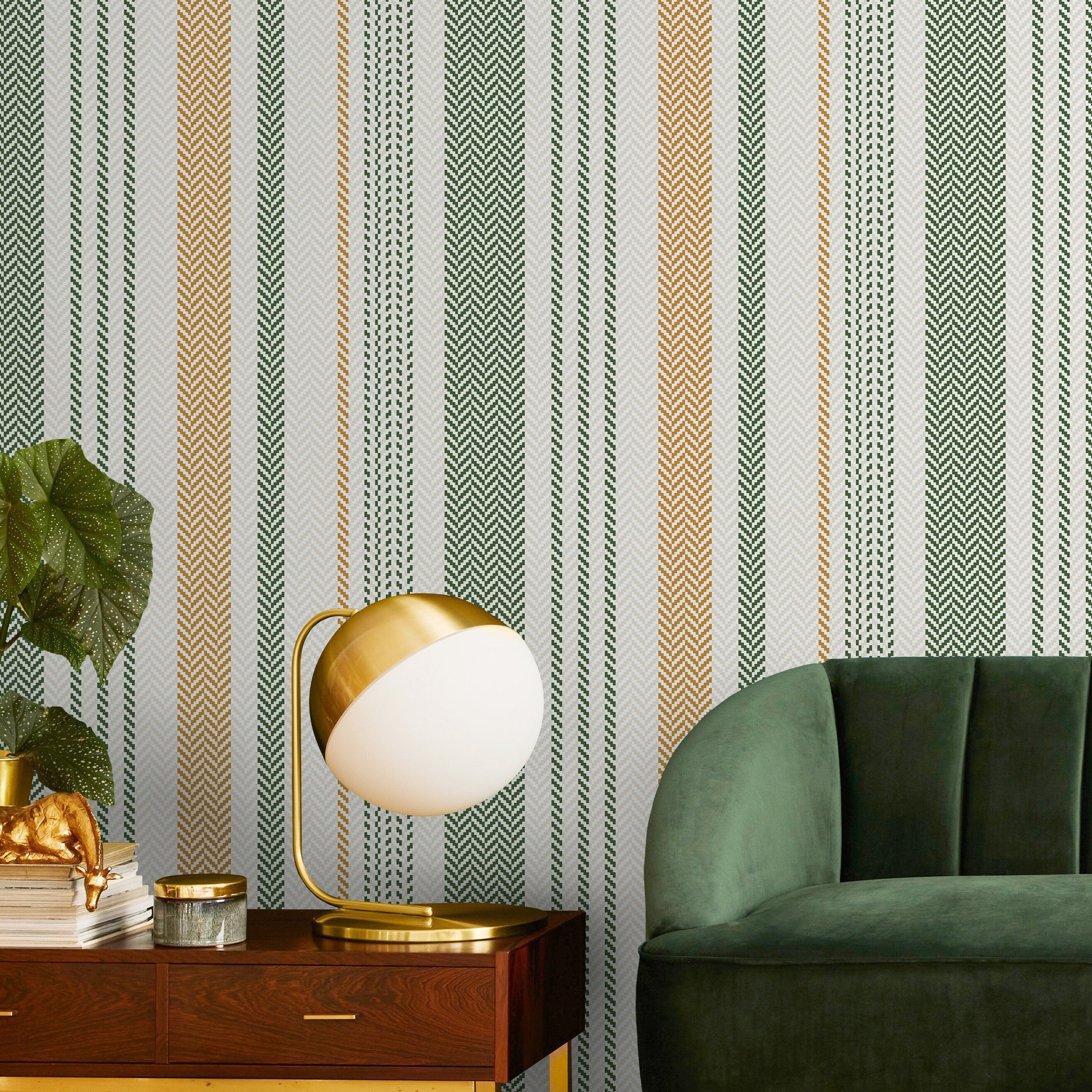 Striped Wallpaper With A Textured Chevron Motif In Green And Gold - D804