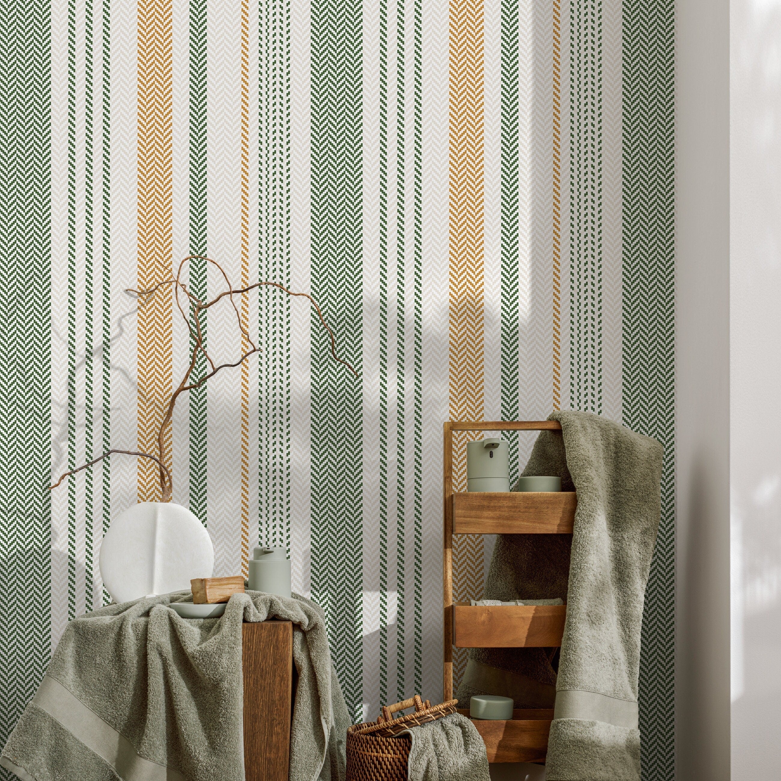 Striped Wallpaper With A Textured Chevron Motif In Green And Gold - D804