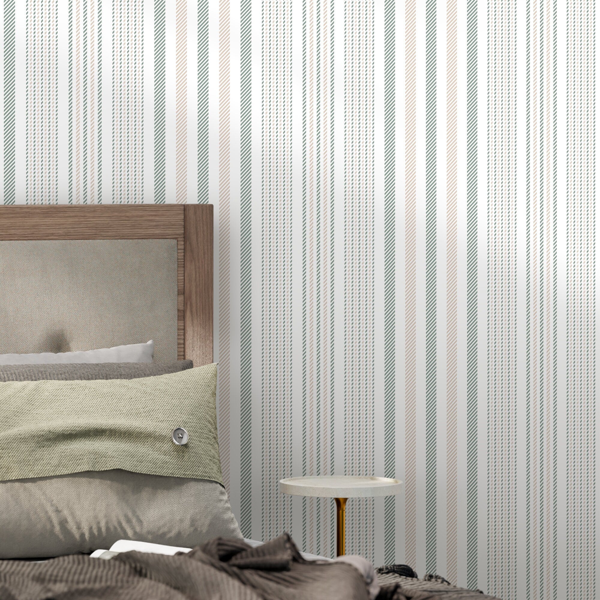 Striped Wallpaper With A Dashed Line Motif In Green And Beige - D805