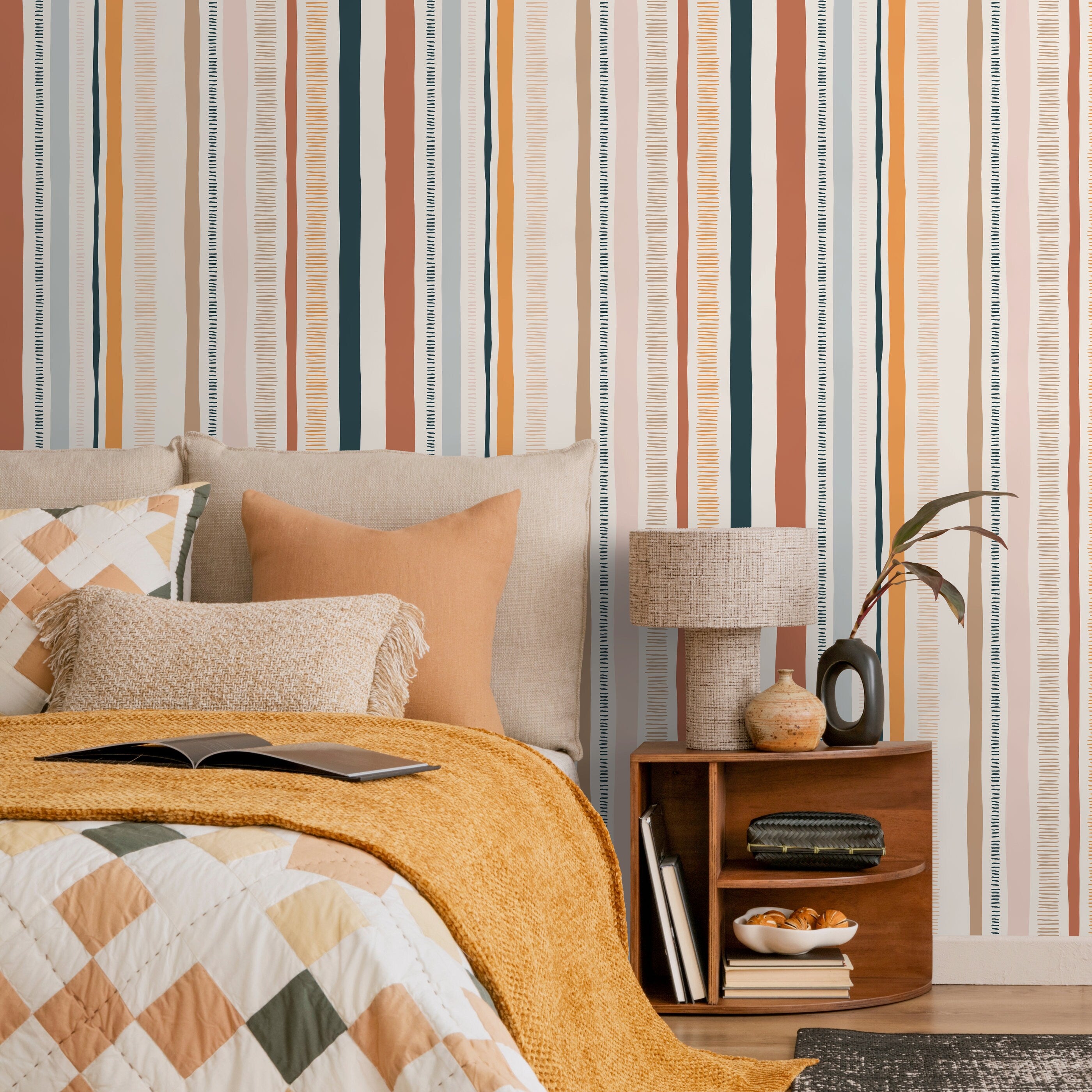 Abstract Wallpaper With Hand-drawn Vertical Stripes In Rust, Navy, And Orange - D809
