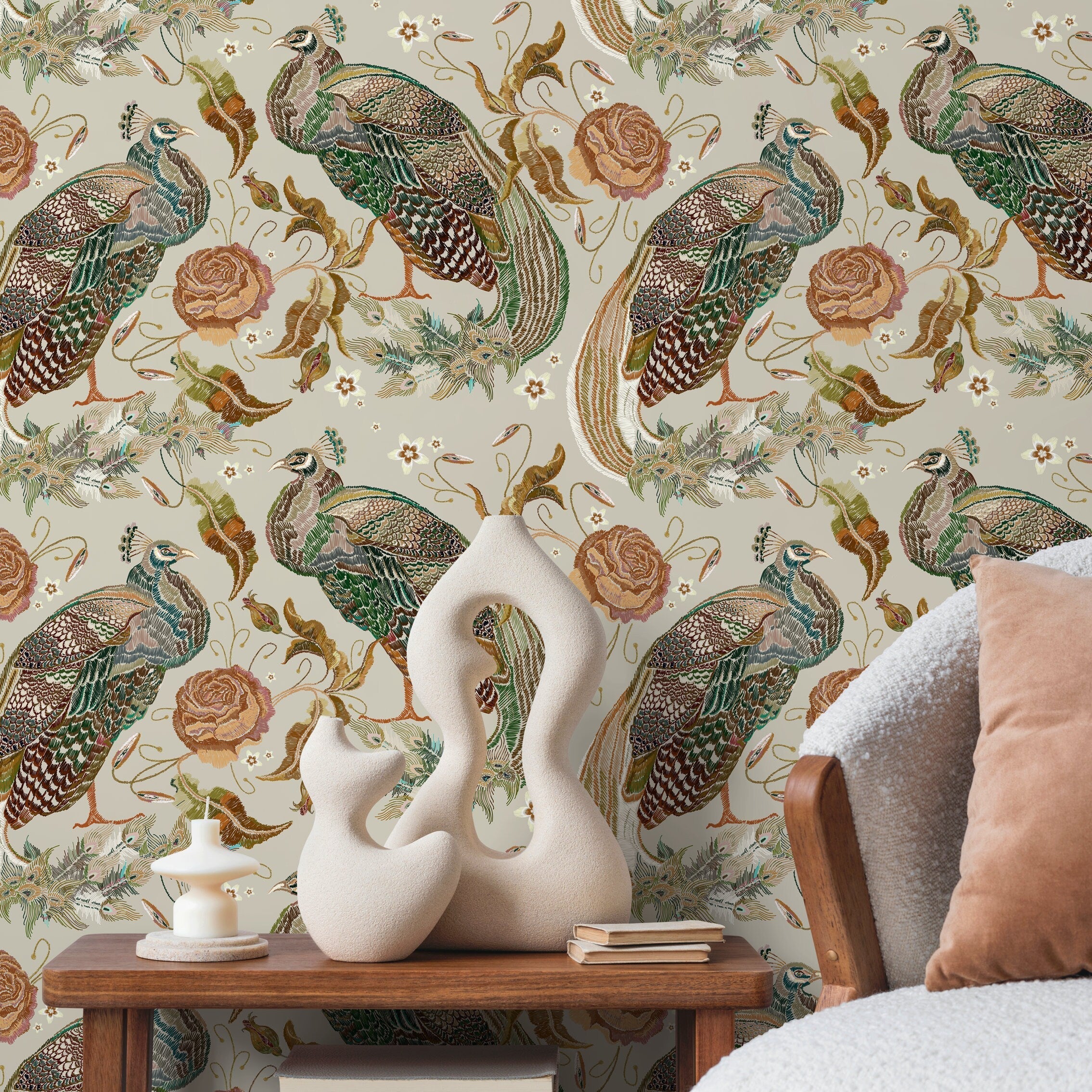 Vintage Peacock Wallpaper With Ornate Roses In Green, Brown, And Pink - D885