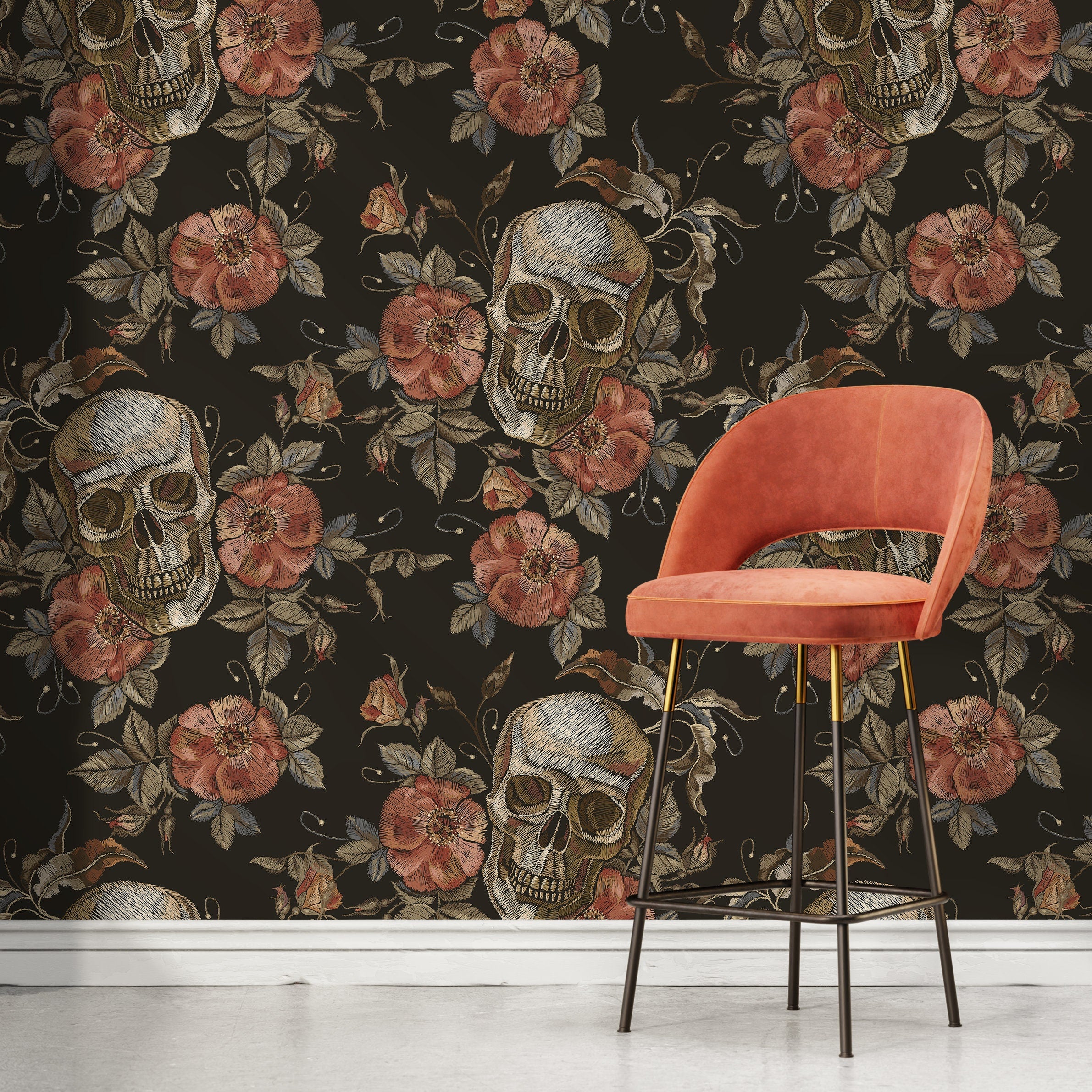 Gothic Wallpaper With Embroidered Skulls And Roses In Black, Terracotta, And Beige - D890
