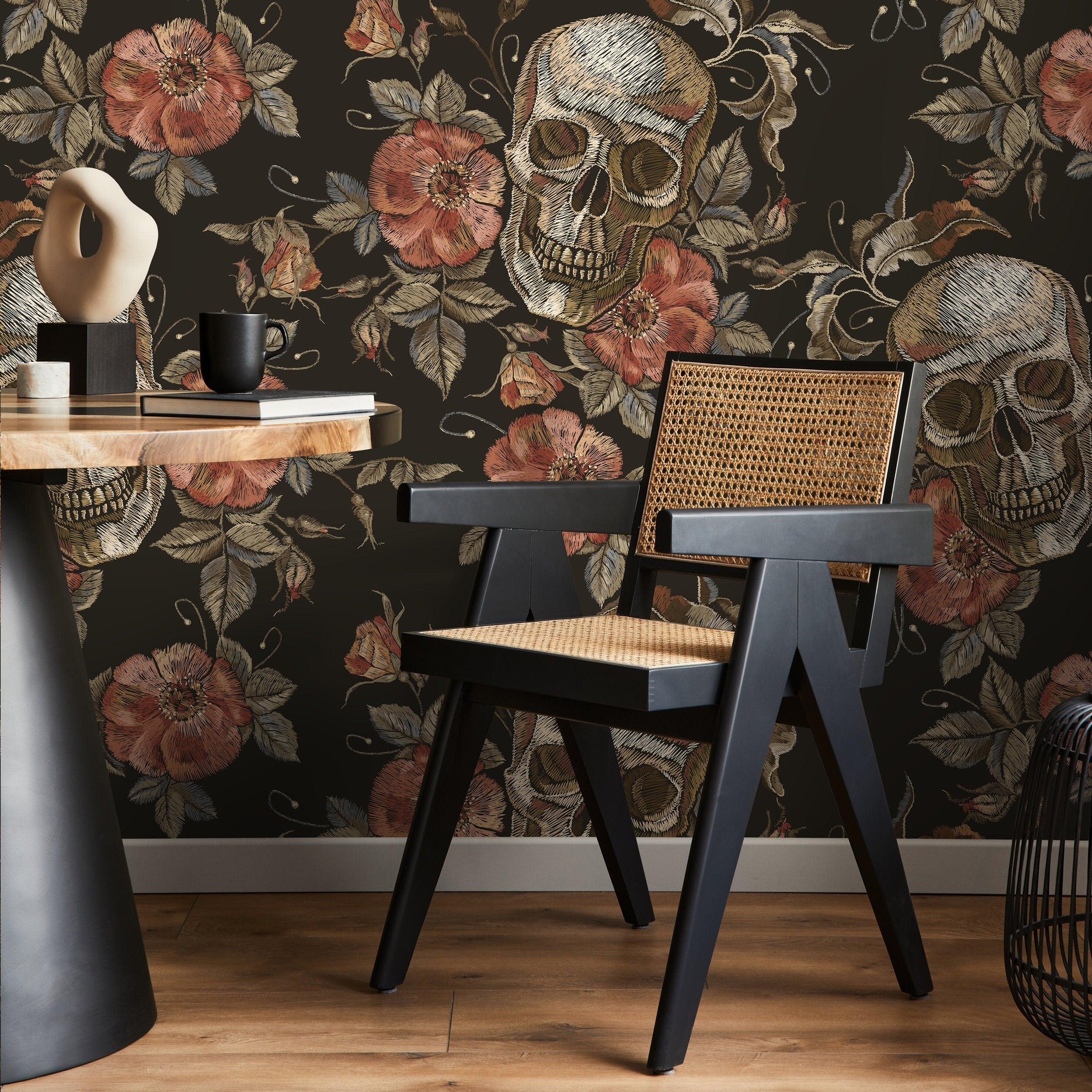 Gothic Wallpaper With Embroidered Skulls And Roses In Black, Terracotta, And Beige - D890
