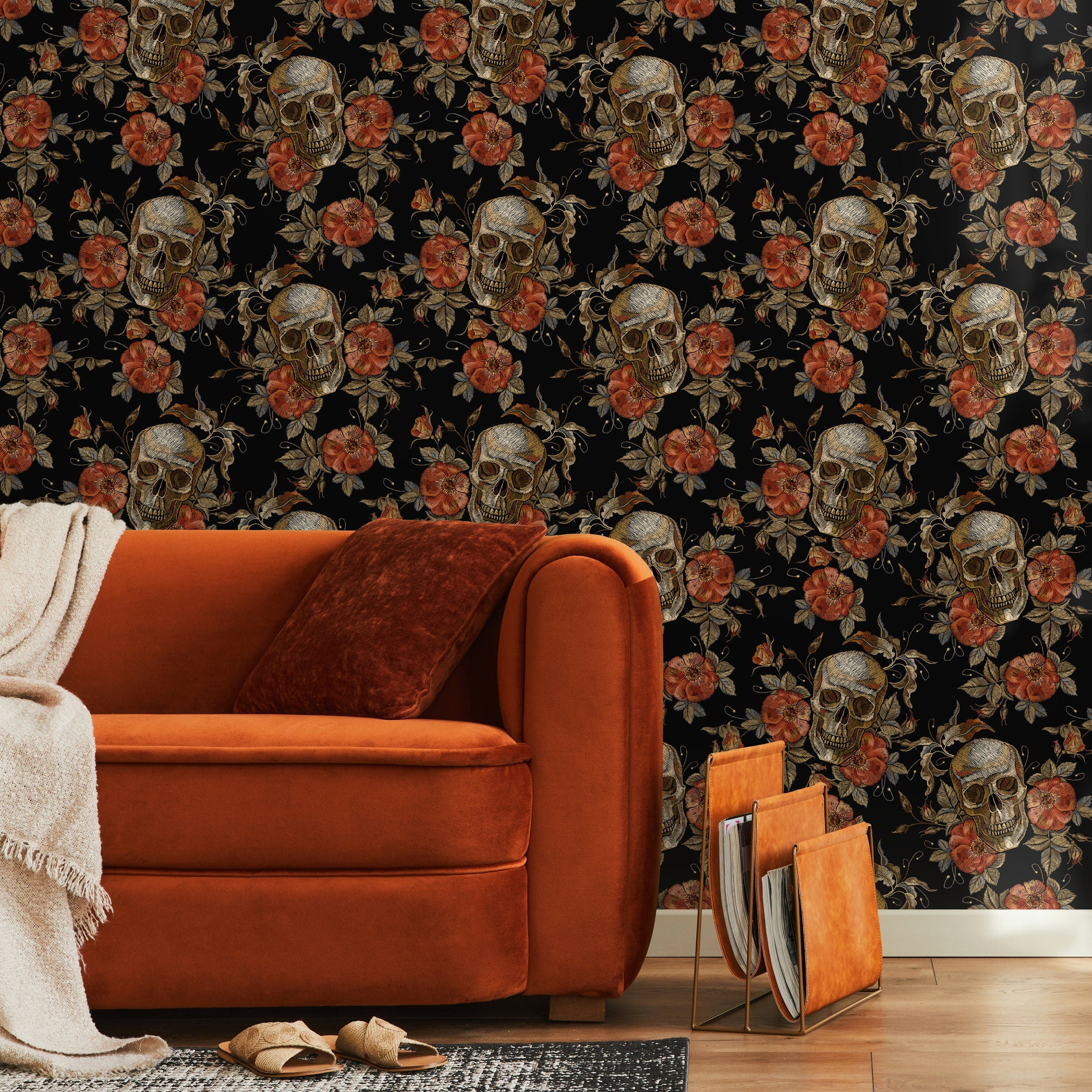 Gothic Wallpaper With Skulls And Embroidered Roses In Red, Brown, And Black - D889