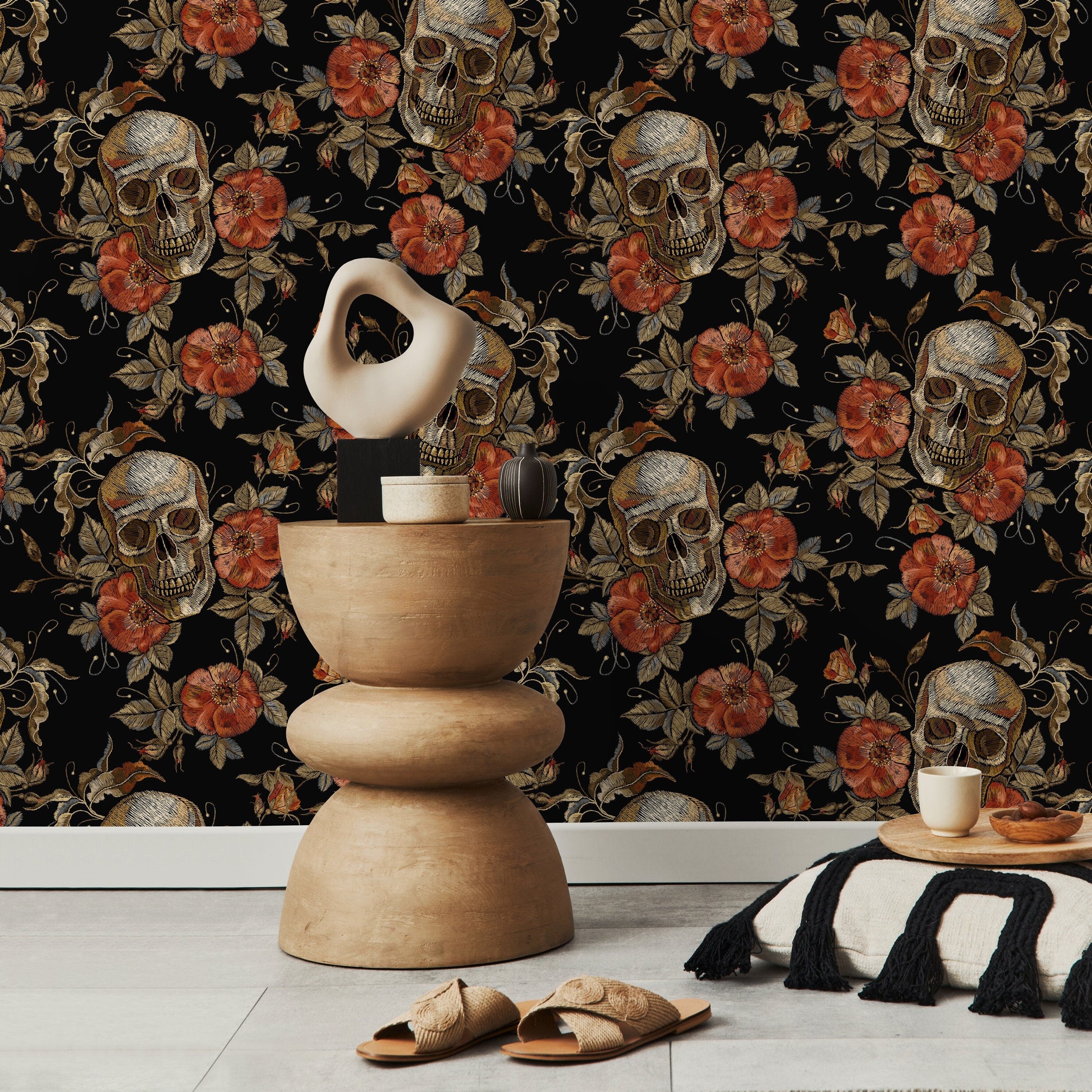 Gothic Wallpaper With Skulls And Embroidered Roses In Red, Brown, And Black - D889