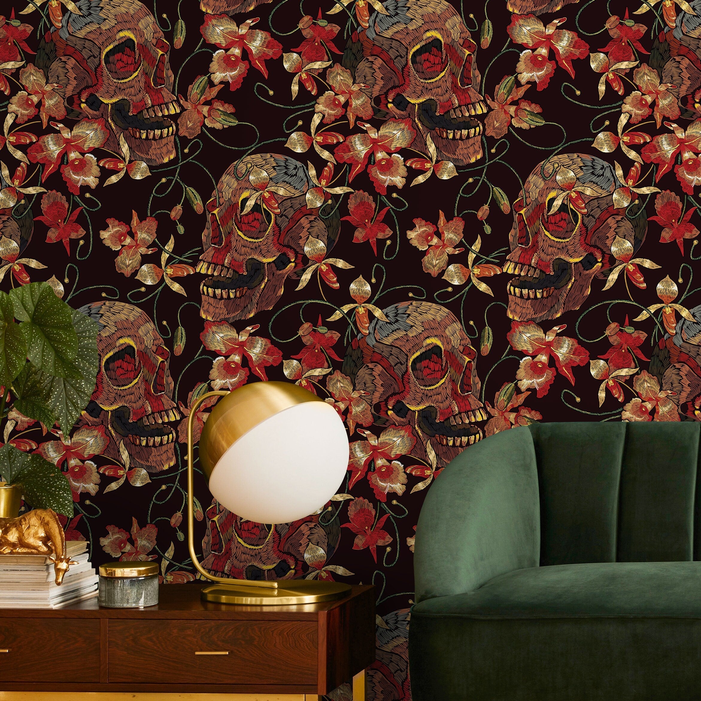 Skull Wallpaper With An Embroidered Floral Motif In Black, Red, And Yellow - D896