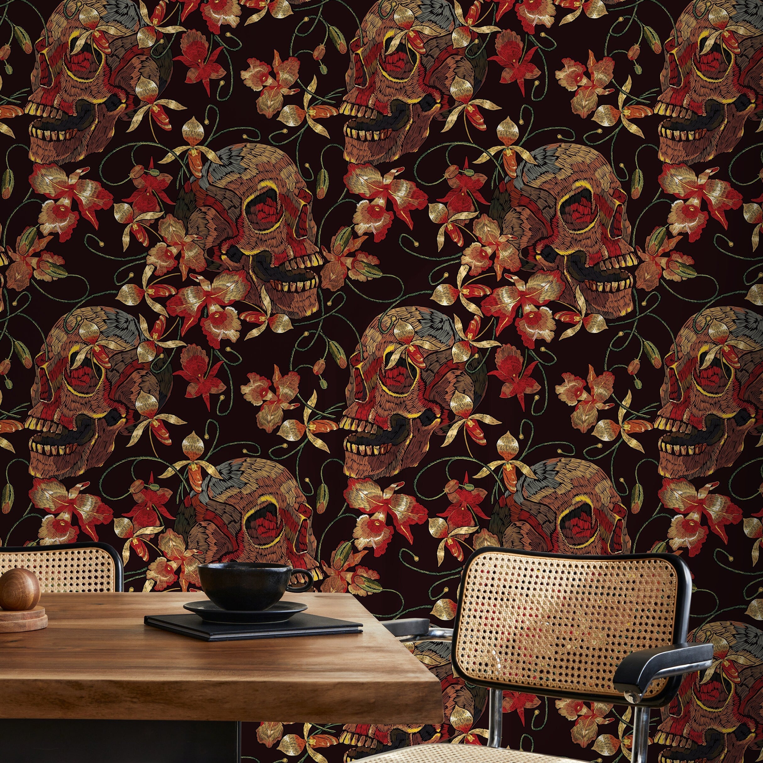 Skull Wallpaper With An Embroidered Floral Motif In Black, Red, And Yellow - D896