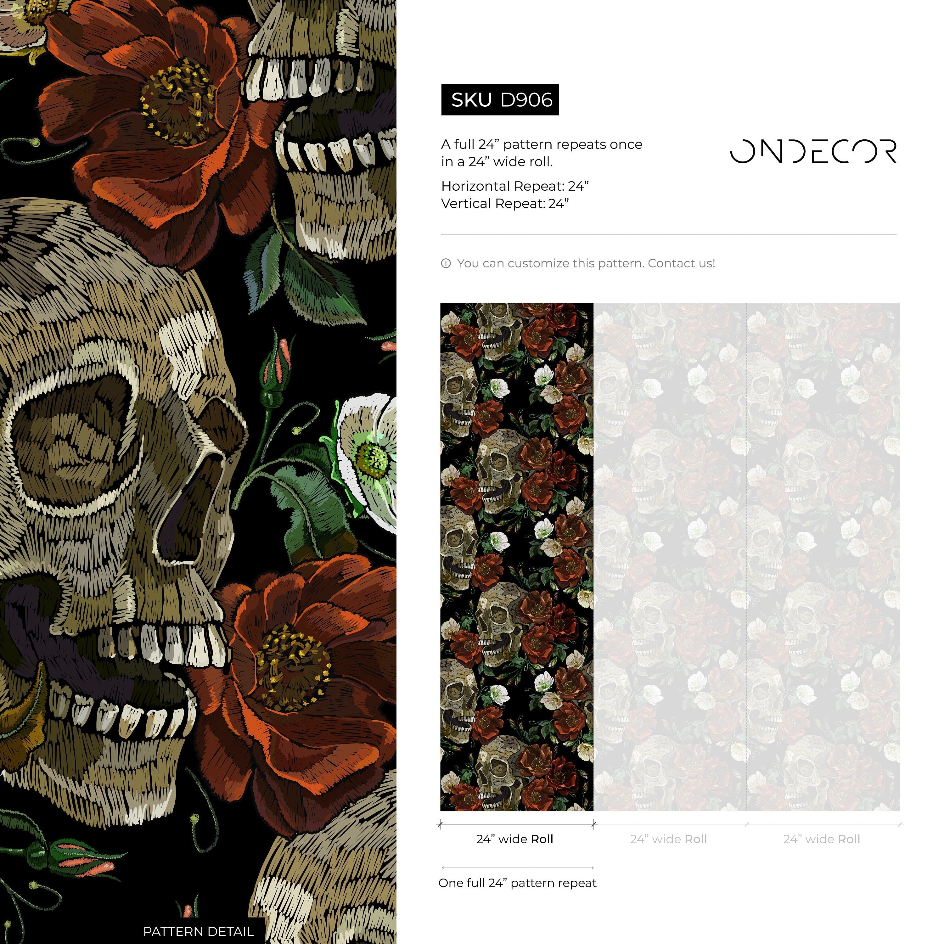 Gothic Wallpaper With Embroidered Skulls And Flowers In Red And Beige - D906
