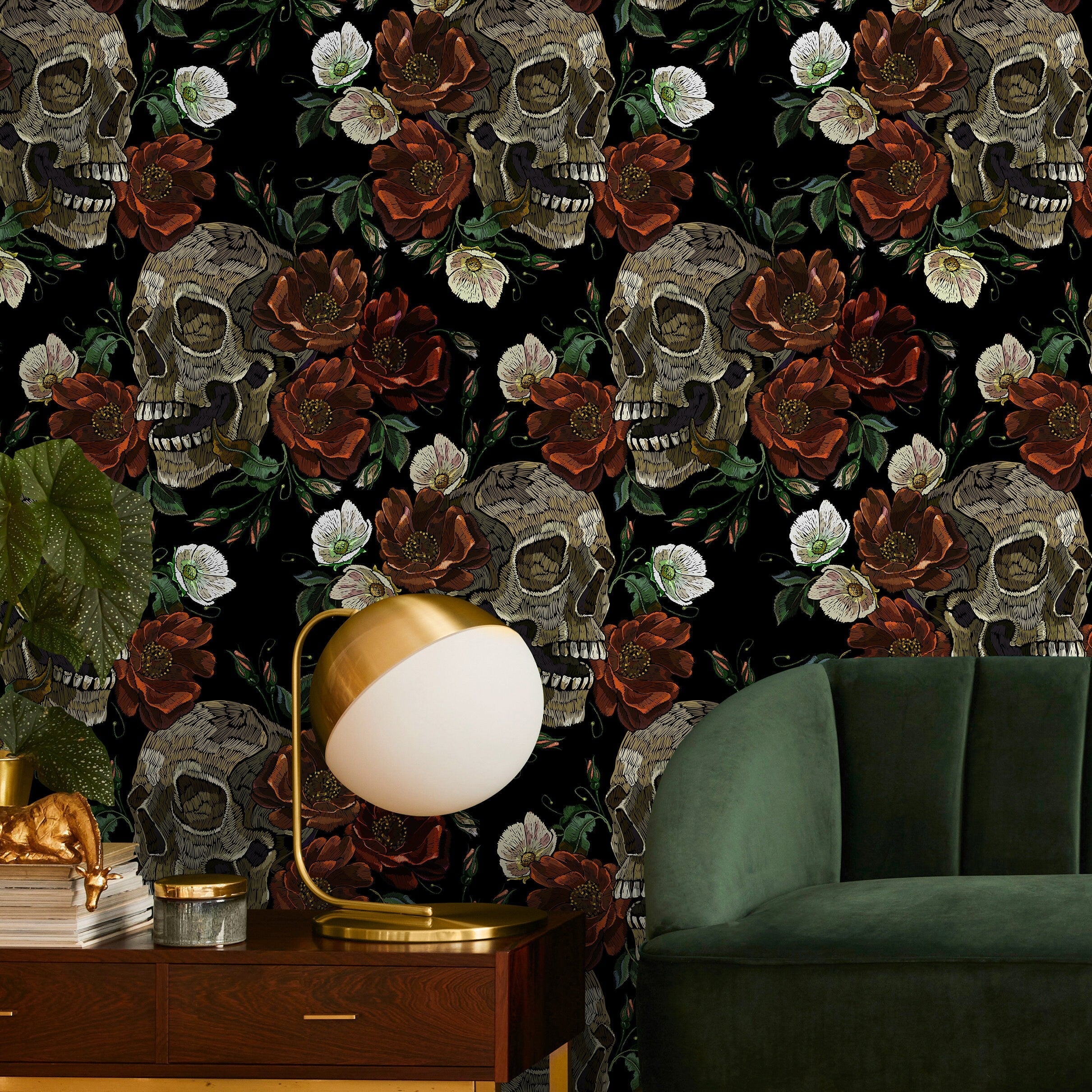 Gothic Wallpaper With Embroidered Skulls And Flowers In Red And Beige - D906