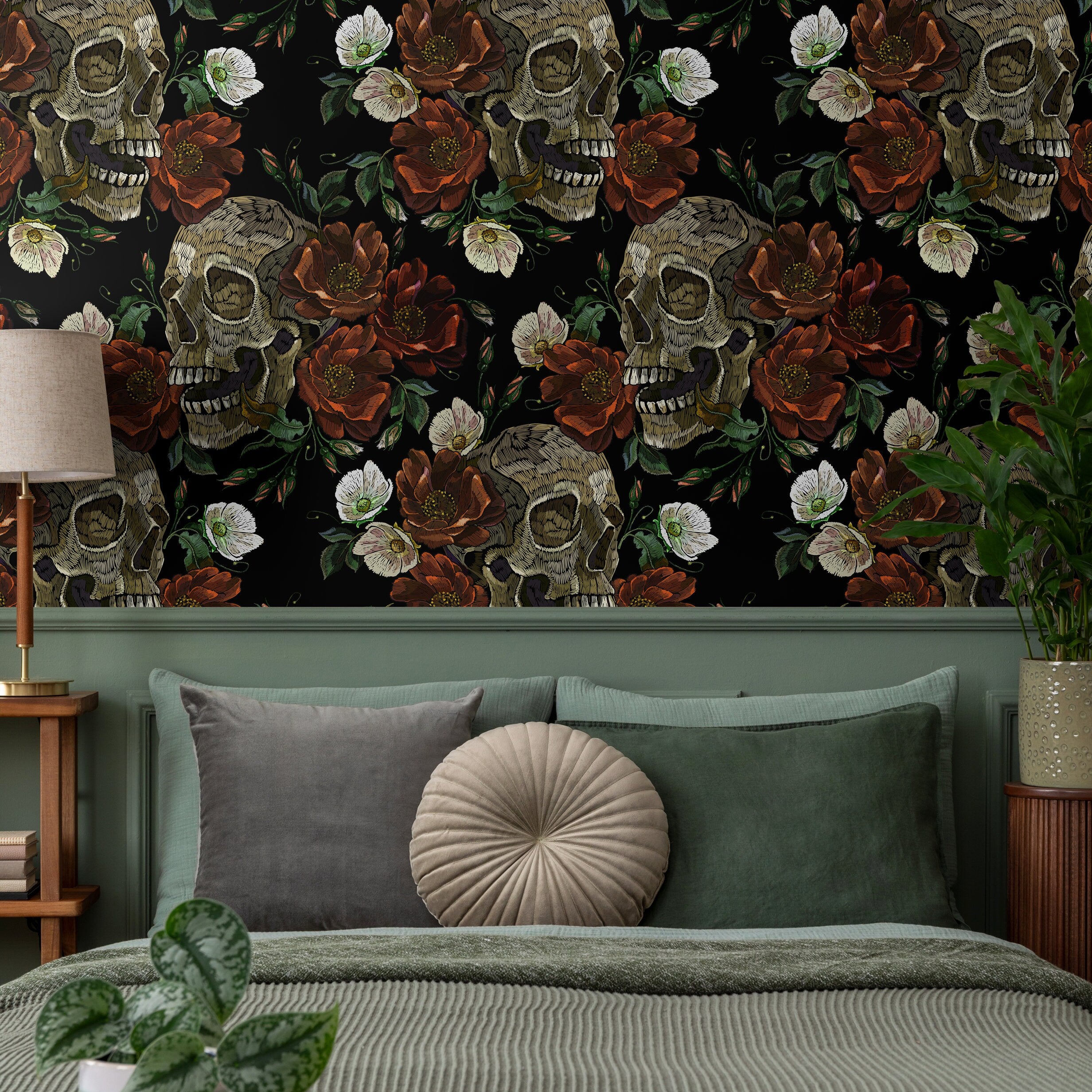 Gothic Wallpaper With Embroidered Skulls And Flowers In Red And Beige - D906