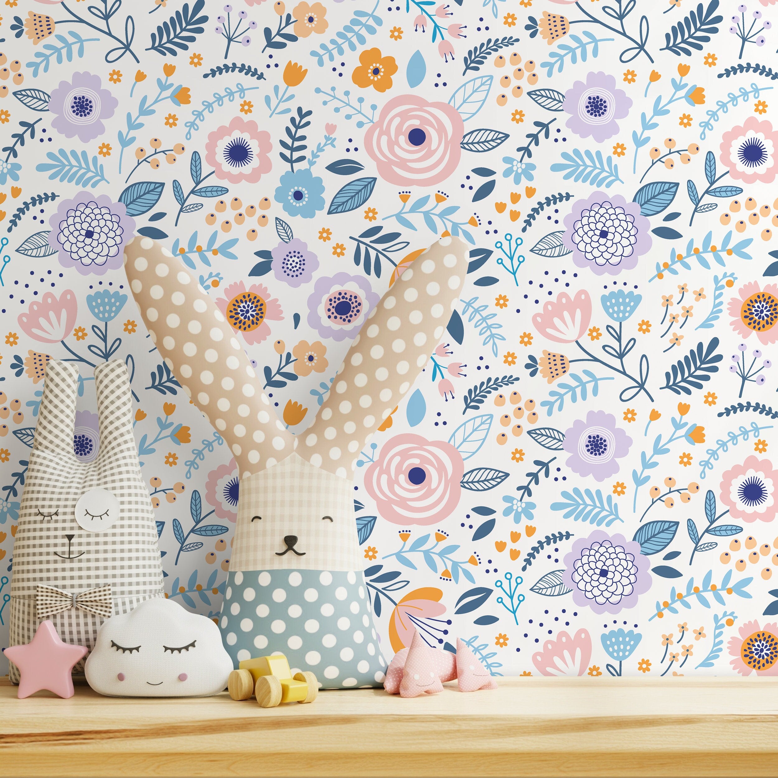 Floral Wallpaper With Whimsical Wildflowers In Pink, Blue, And Orange - D933