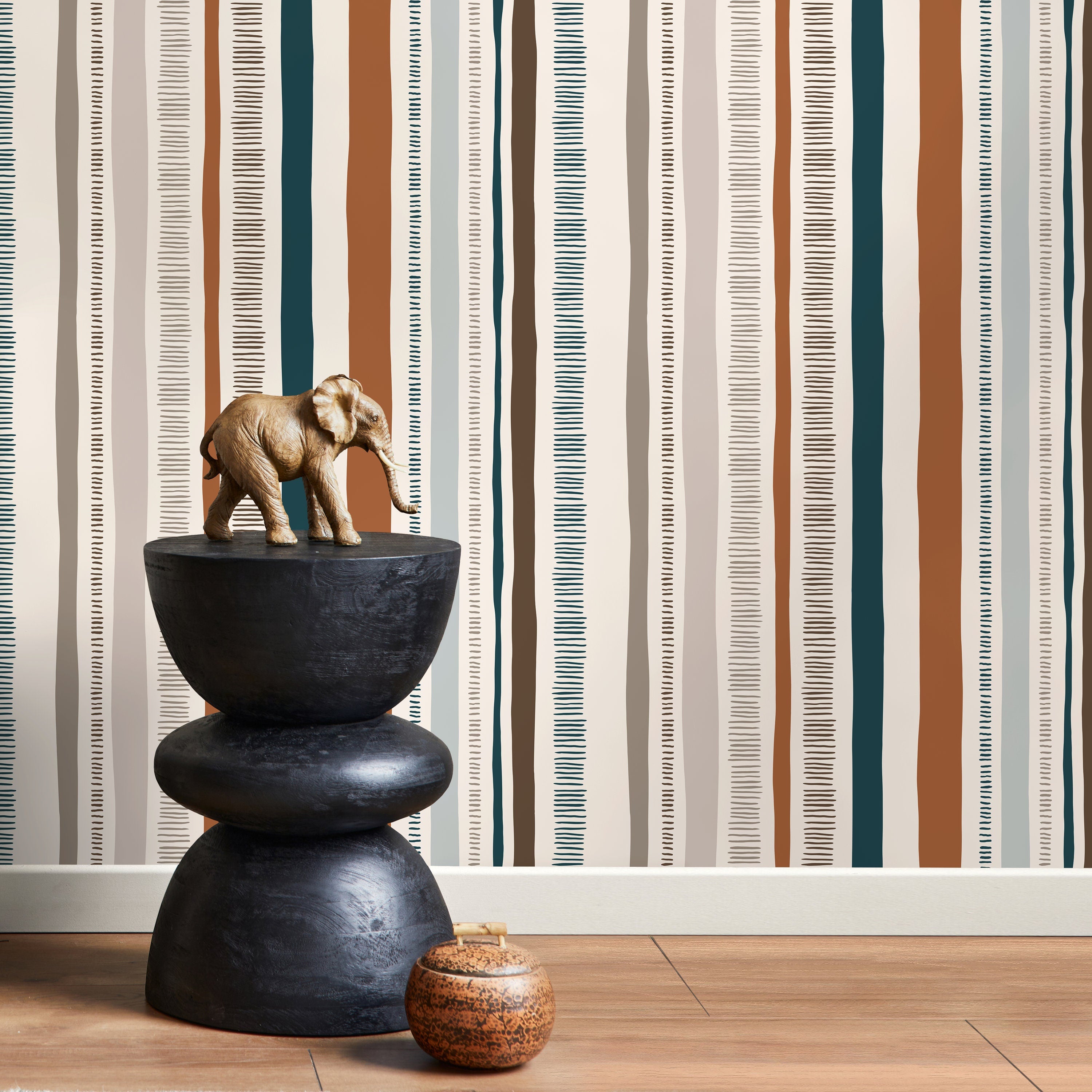 Abstract Wallpaper With Organic Hand-drawn Stripes In Rust, Teal, And Brown - D835