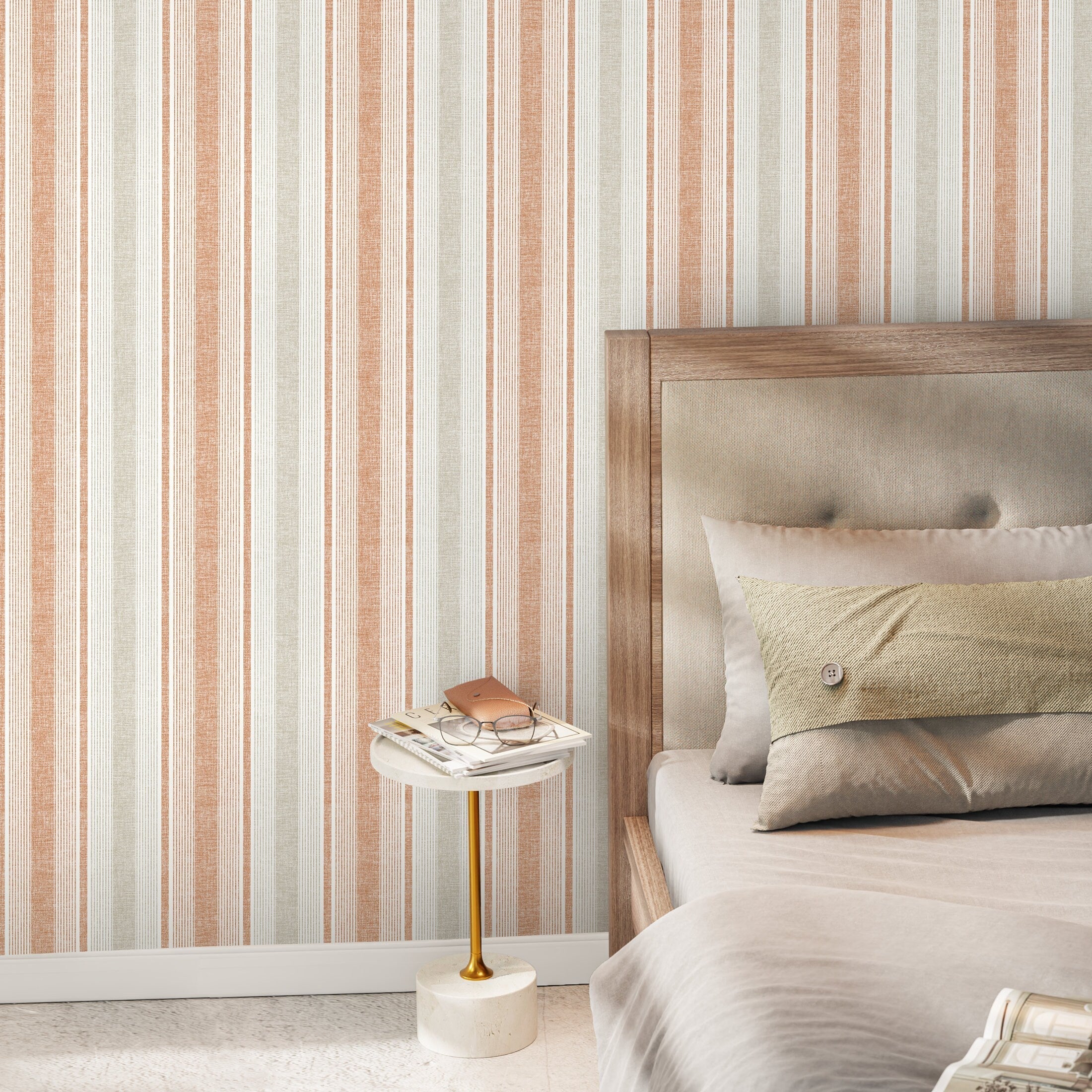 Striped Wallpaper With A Textured Motif In Orange, Grey, And Beige - D839