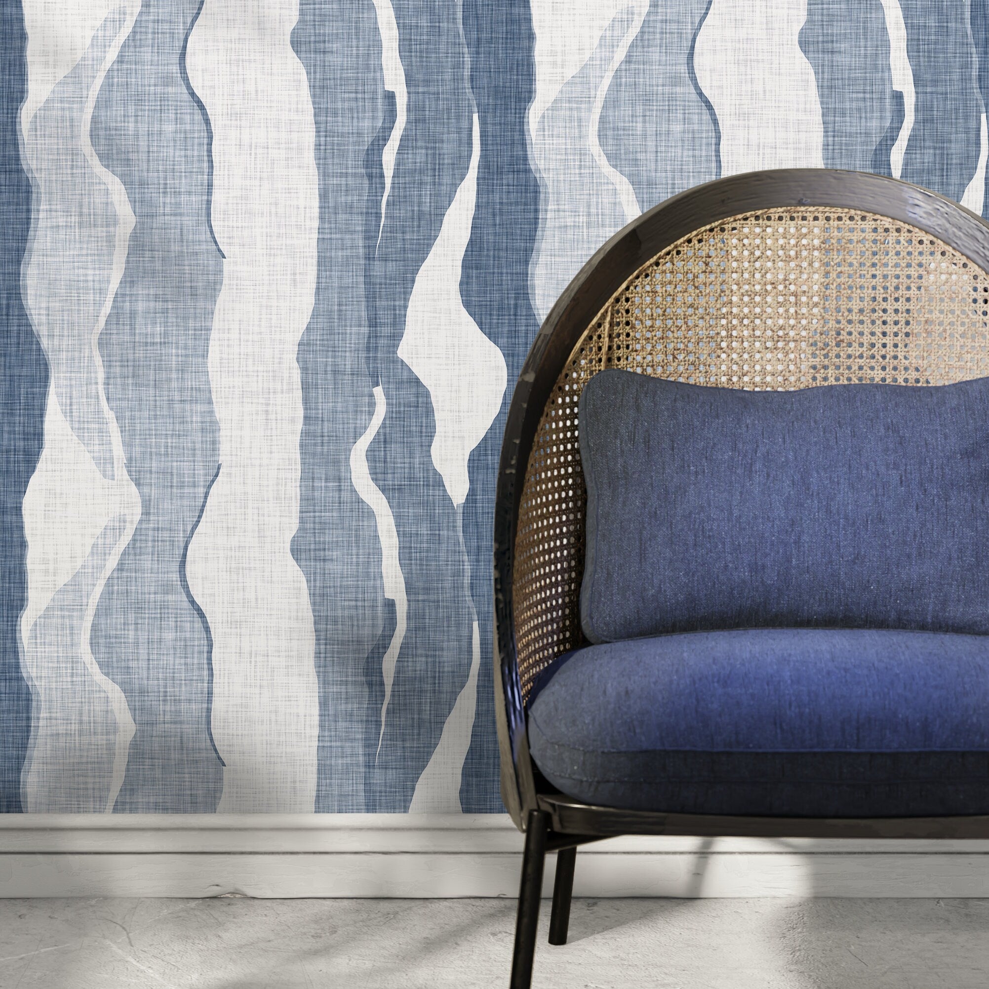Abstract Wallpaper With Flowing Wave Stripes In Blue And White - D837