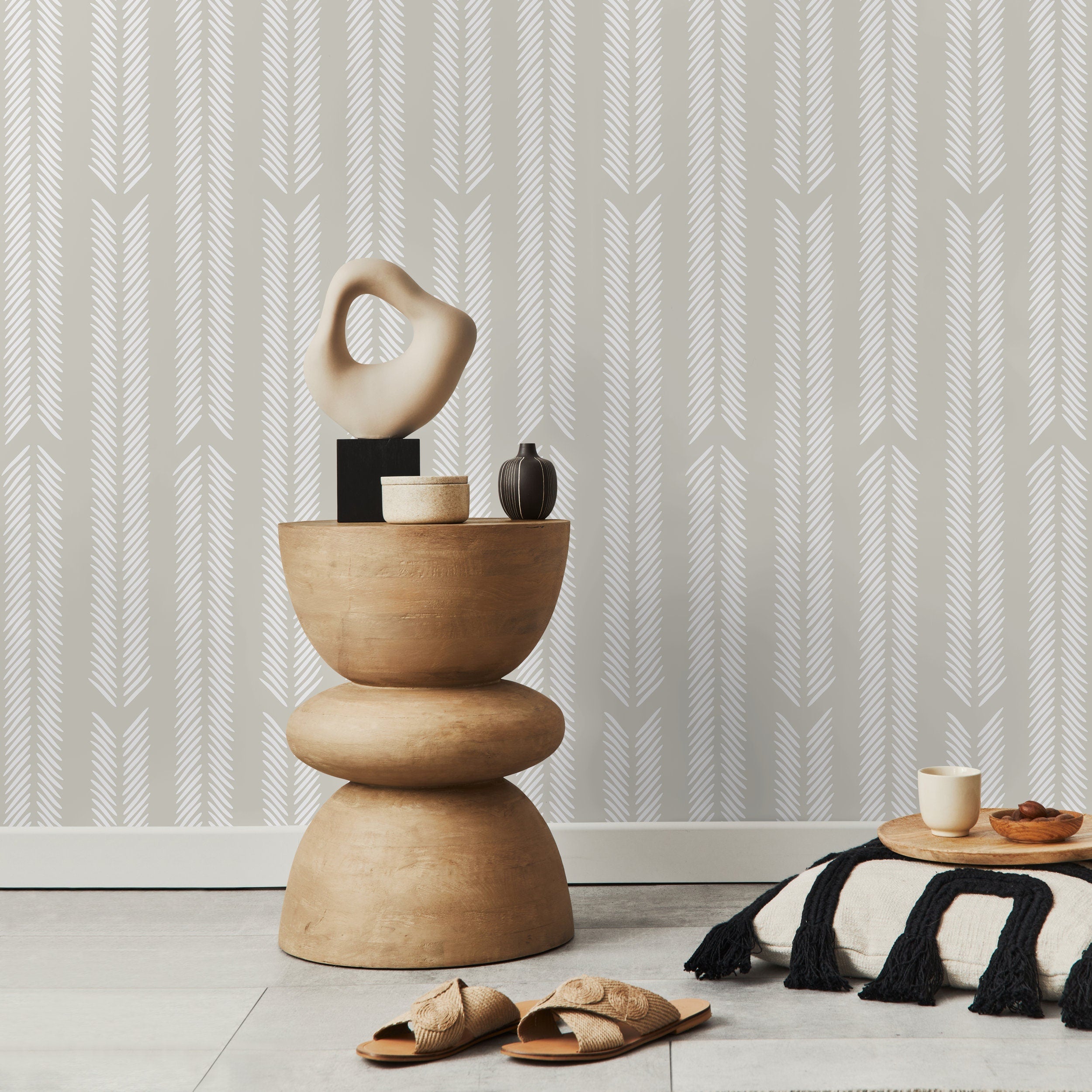 Herringbone Wallpaper With A Brushed Stripe Motif In Greige And White - D800